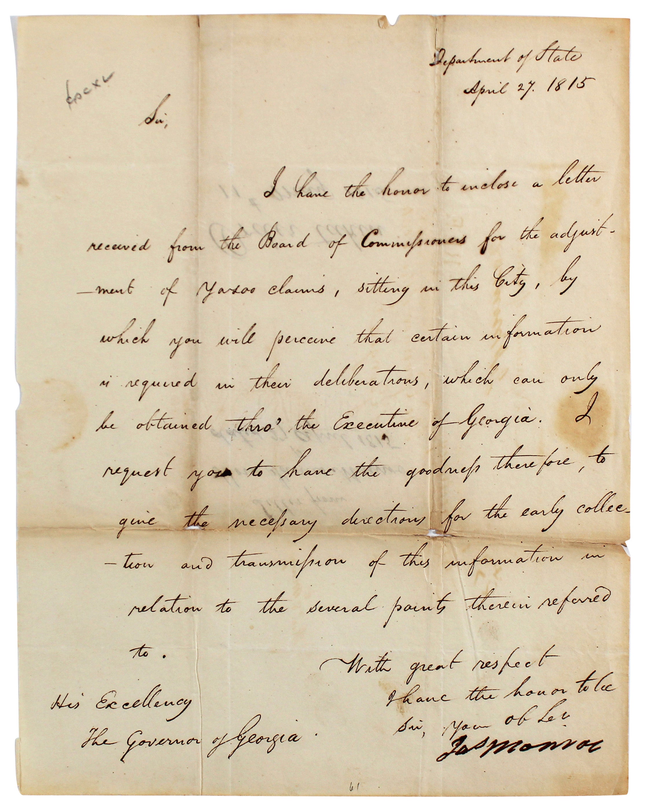 James Monroe Authentic Signed 7.5x10 Letter Dated April 27, 1815 BAS #AB14026