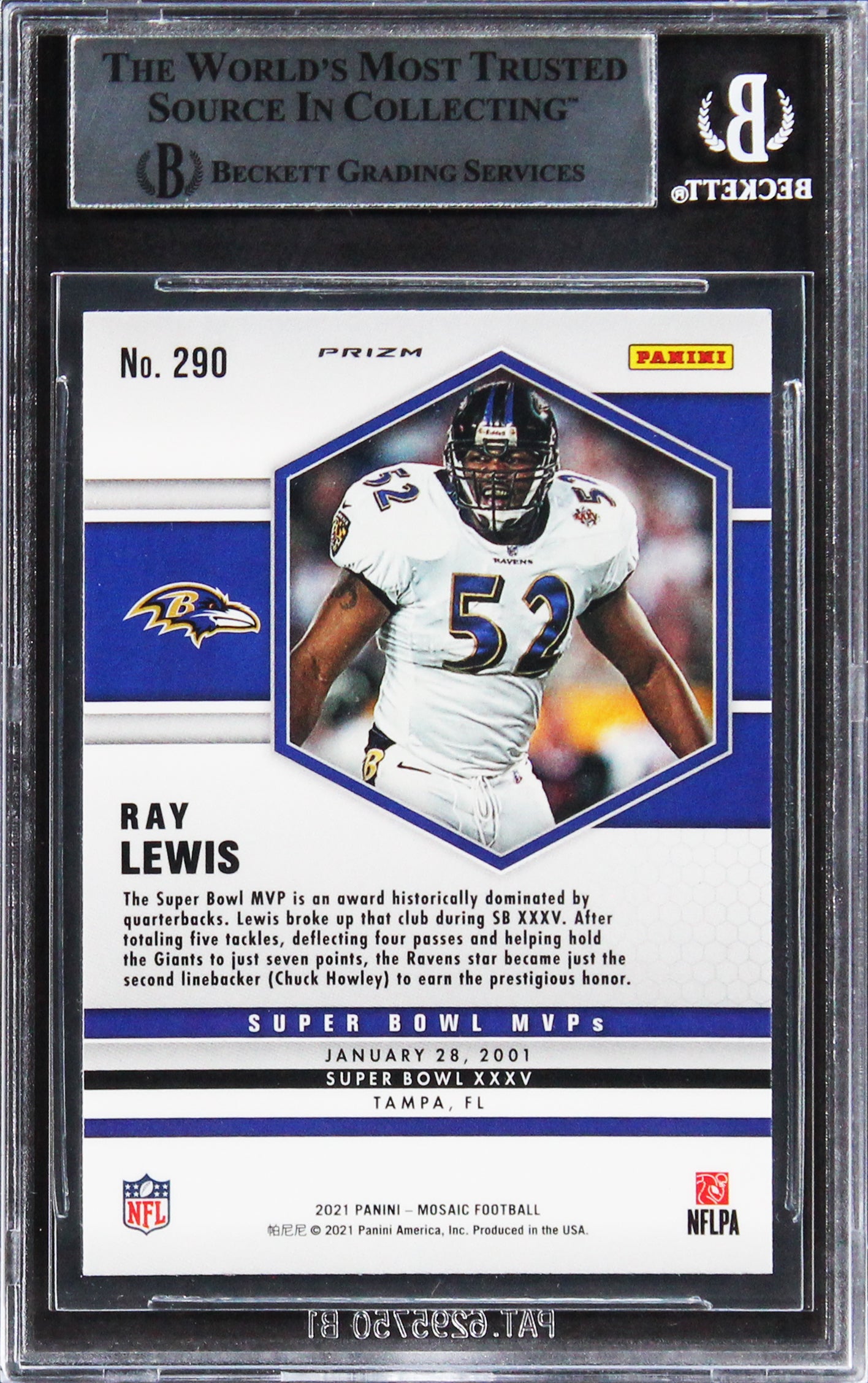 Ravens Ray Lewis Authentic Signed 2021 Panini Mosaic Green #290 Card BAS Slabbed