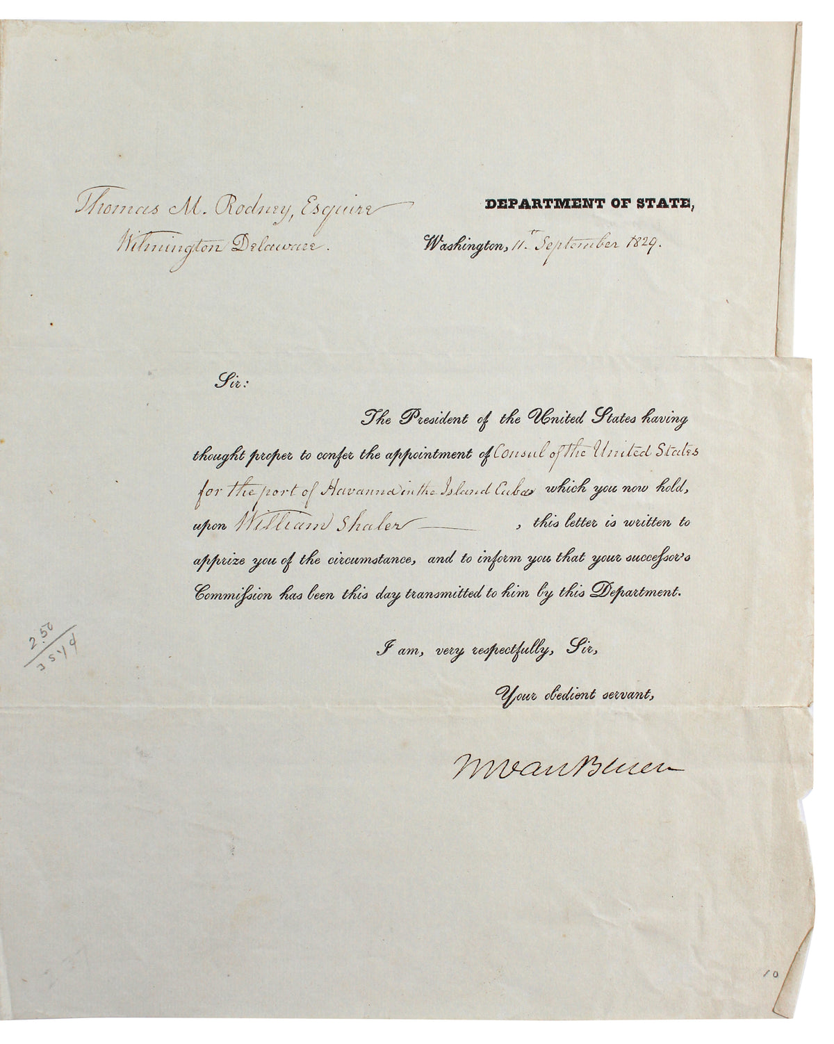 Martin Van Buren Authentic Signed 8x9.5 1829 Letter As Secretary Of State BAS