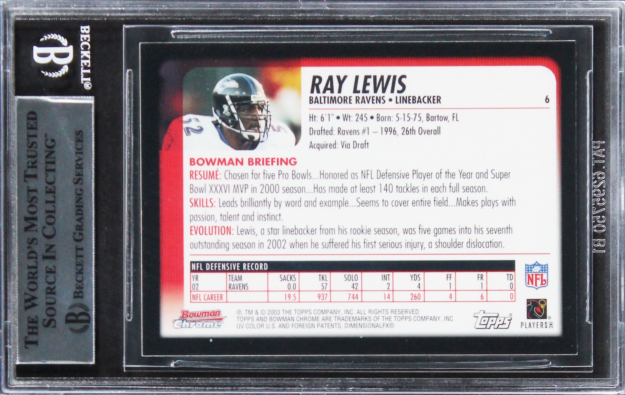 Ravens Ray Lewis Authentic Signed 2003 Bowman Chrome #6 Card BAS Slabbed