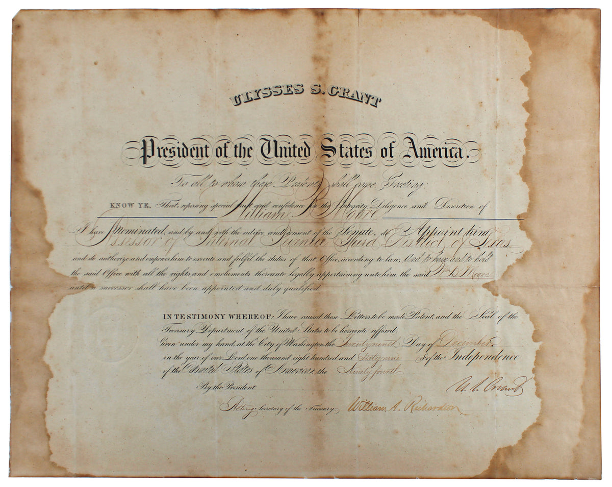 Ulysses S. Grant Authentic Signed 15x18.5 1869 IRS Appointment Document BAS