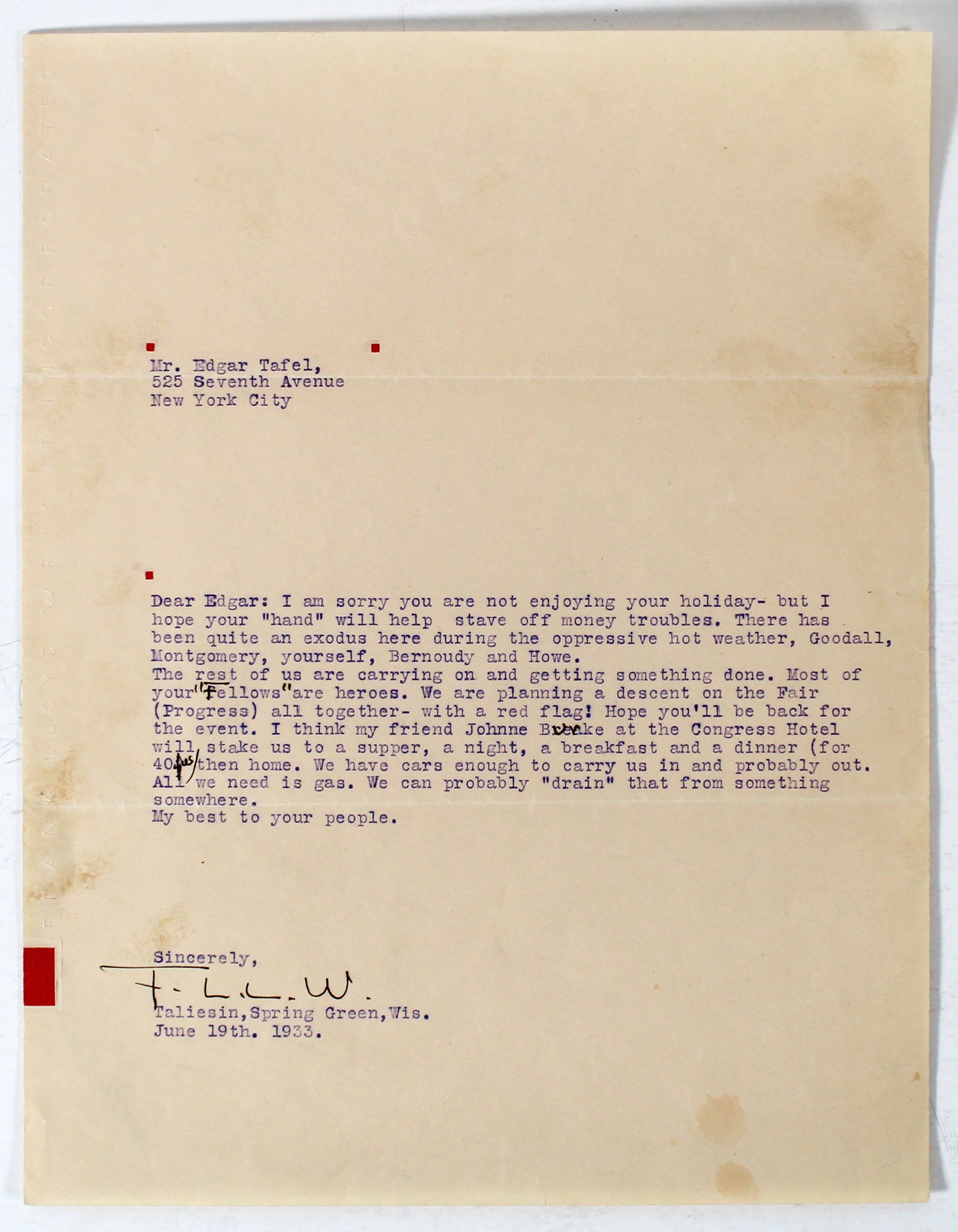 Frank Lloyd Wright Authentic Signed 8.5x11 1933 Typed Letter BAS #AD04261