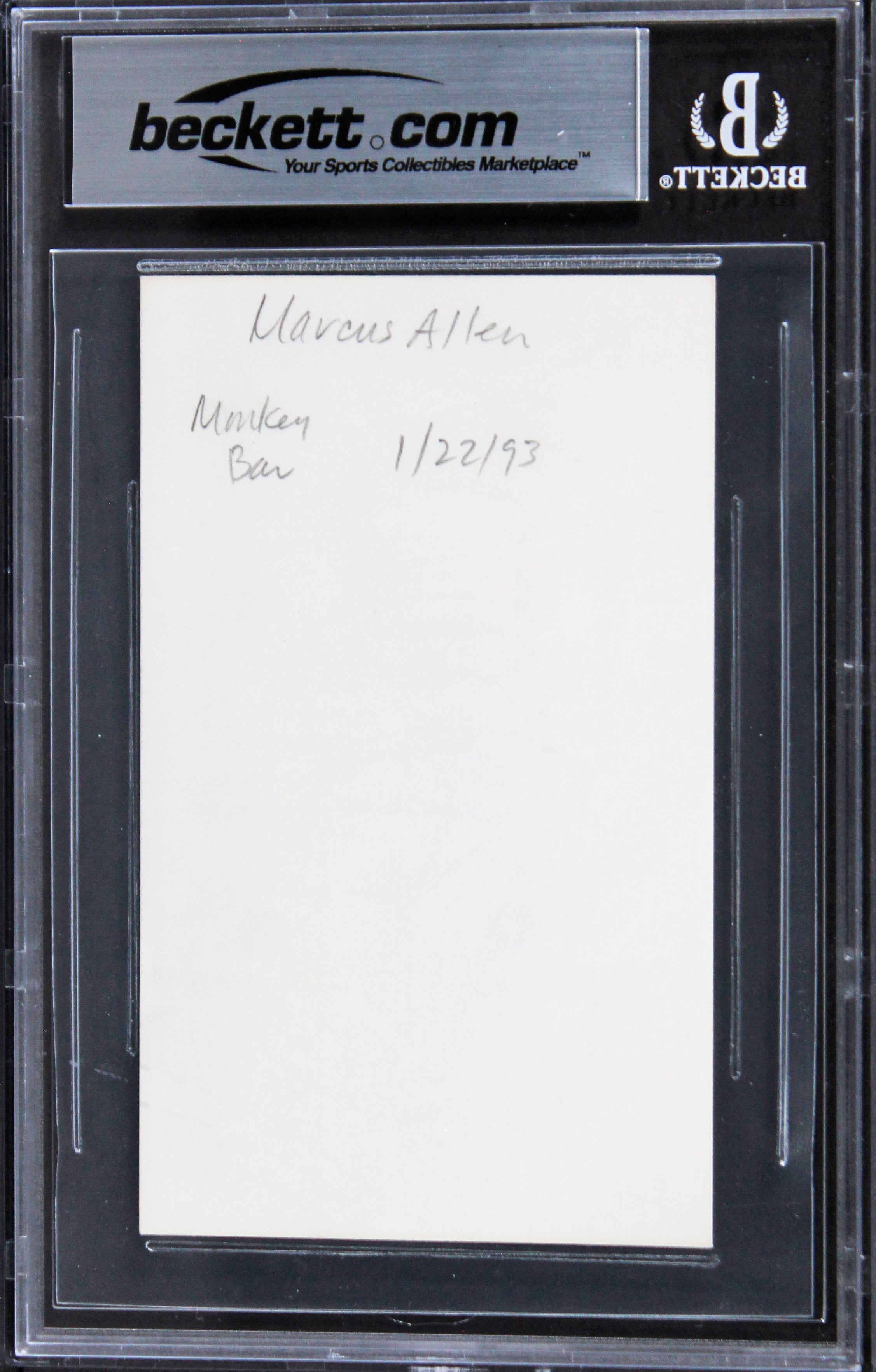 Raiders Marcus Allen Authentic Signed 3x5 Index Card Autographed BAS Slabbed