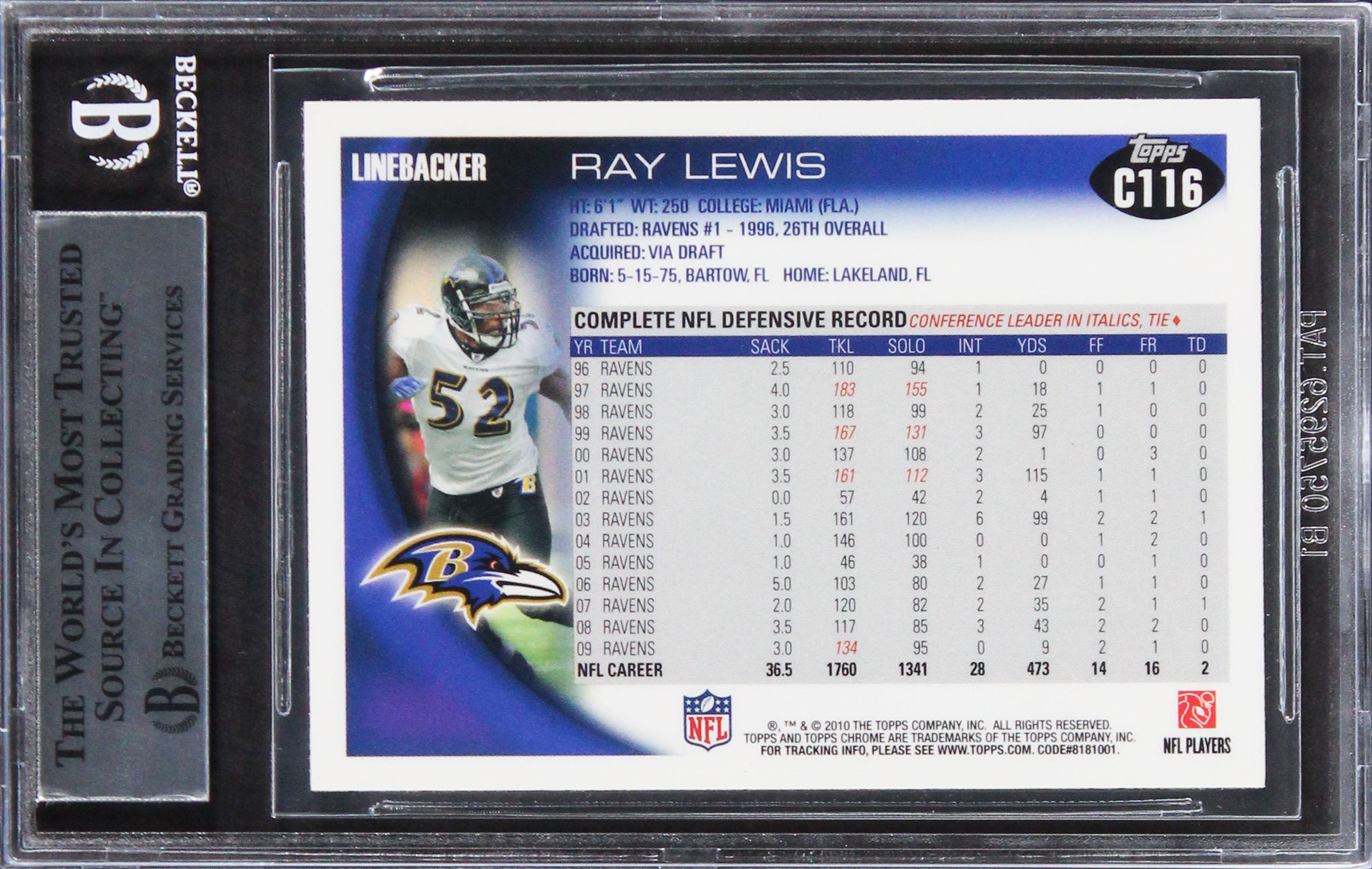 Ravens Ray Lewis Authentic Signed 2010 Topps Chrome #C116 Card BAS Slabbed