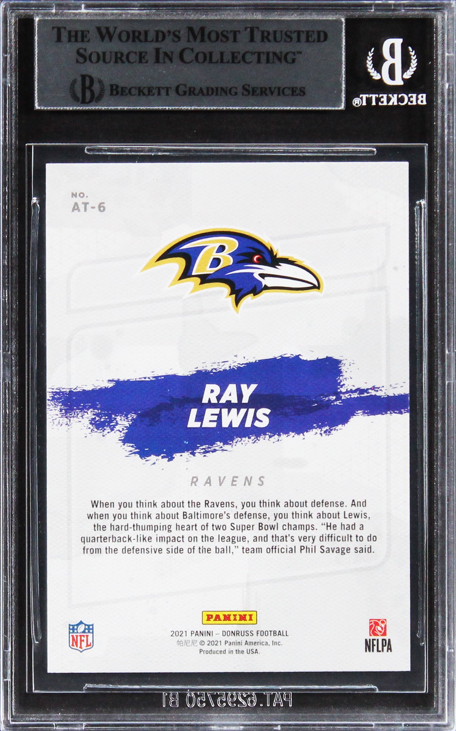 Ravens Ray Lewis Signed 2021 Donruss All Time Gridiron Kings #6 Card BAS Slabbed