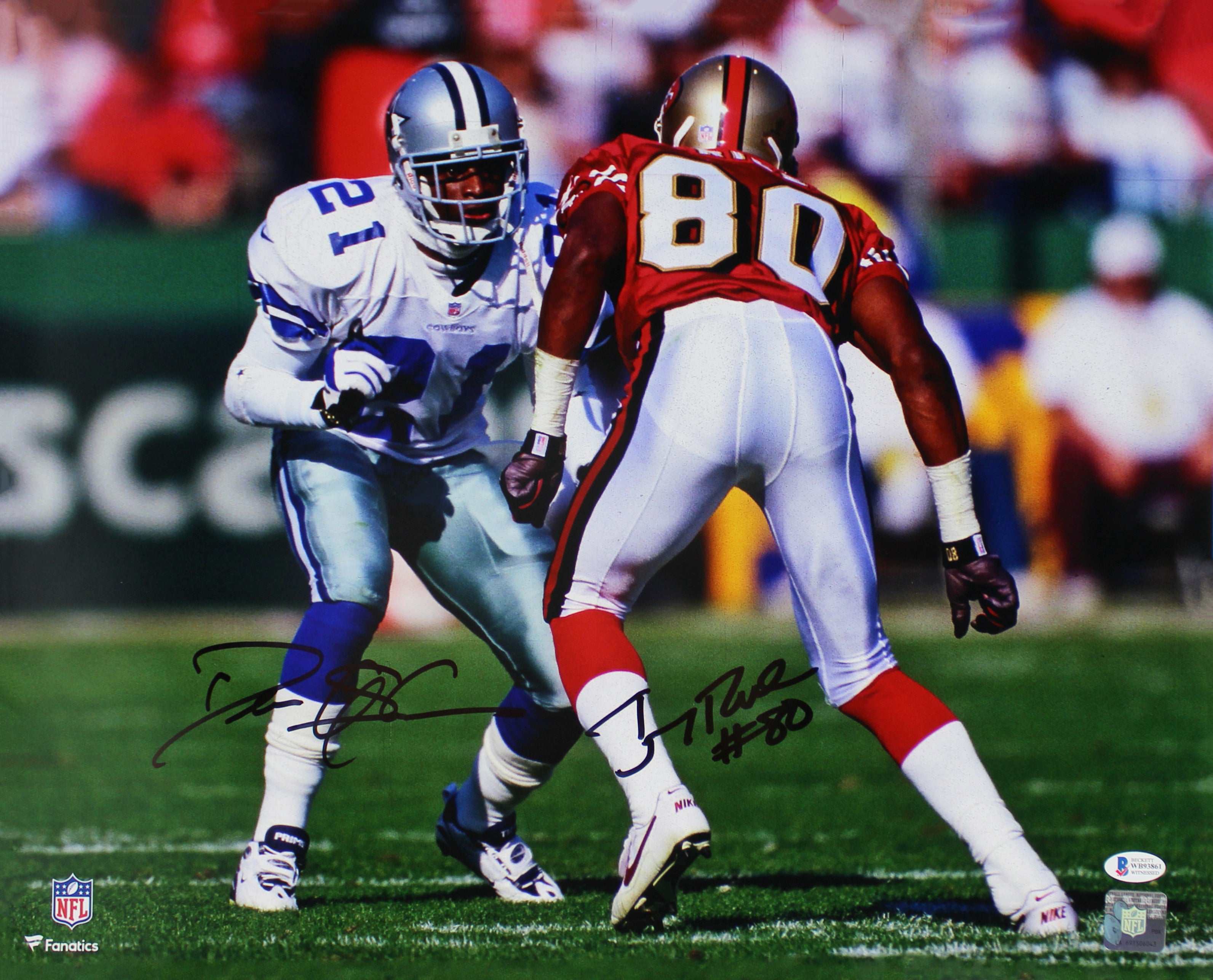 Deion Sanders & Jerry Rice Authentic Signed 16x20 Horizontal Photo BAS Witnessed