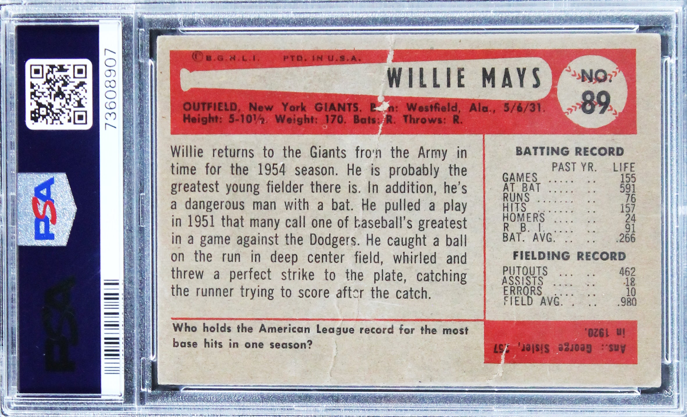 Giants Willie Mays Authentic Signed 1954 Bowman #89 Card PSA/DNA Slabbed