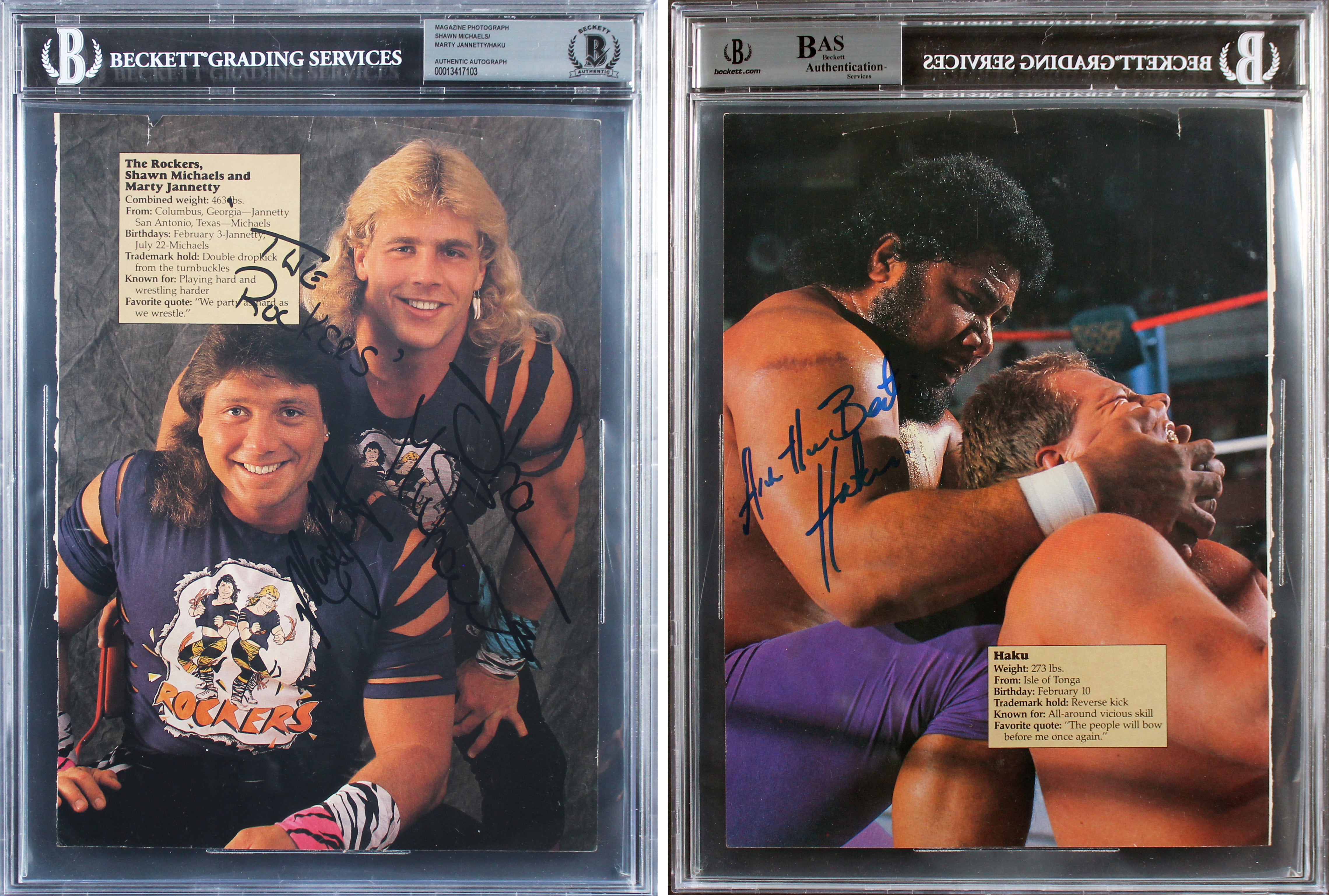 WWE (3) Michaels, Jannetty & Haku Signed 8x11 Magazine Page Autos 10 BAS Slabbed