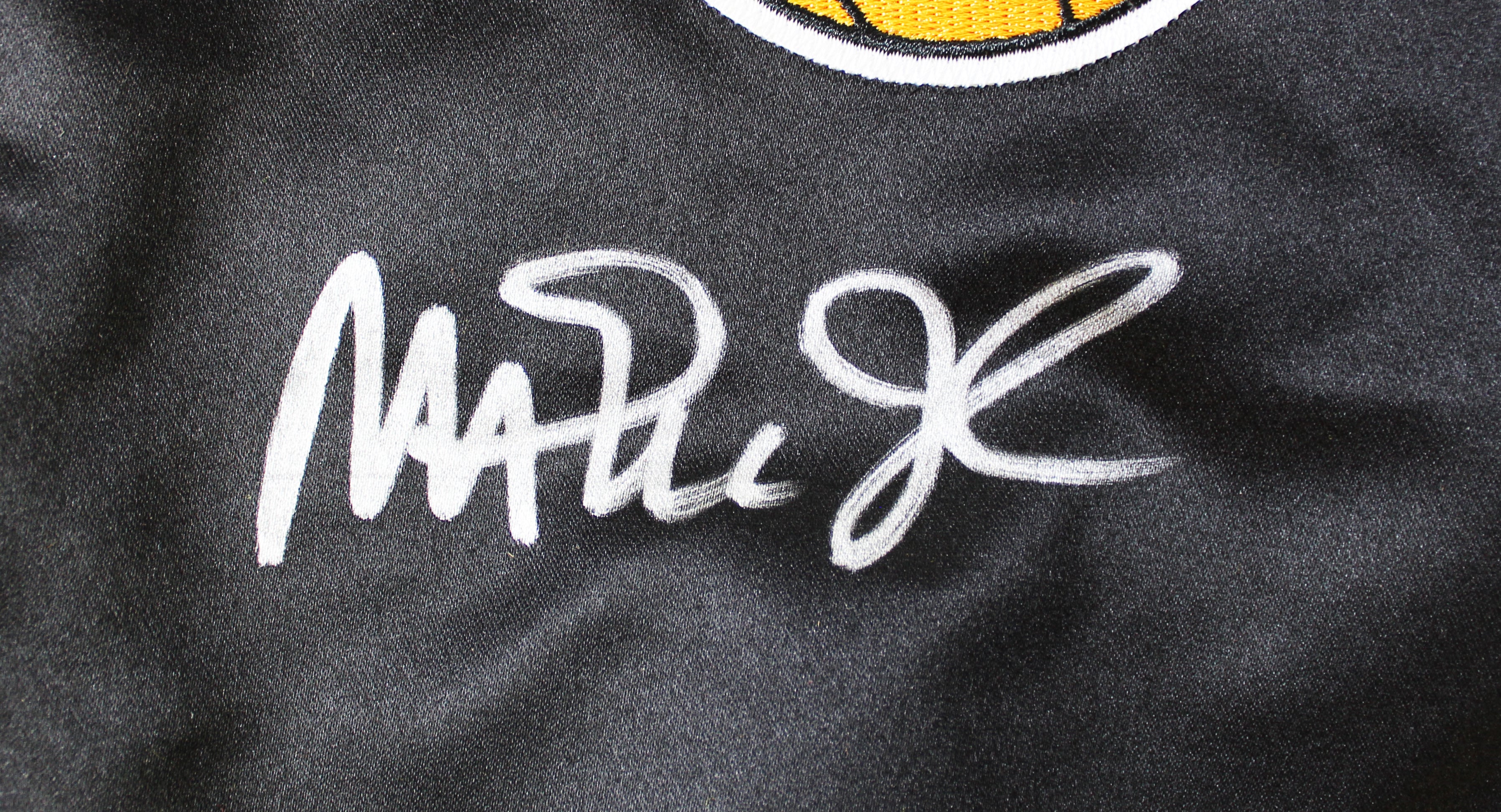 Lakers Magic Johnson Signed Black M&N HWC Bomber Jacket w/ Patches BAS Witness