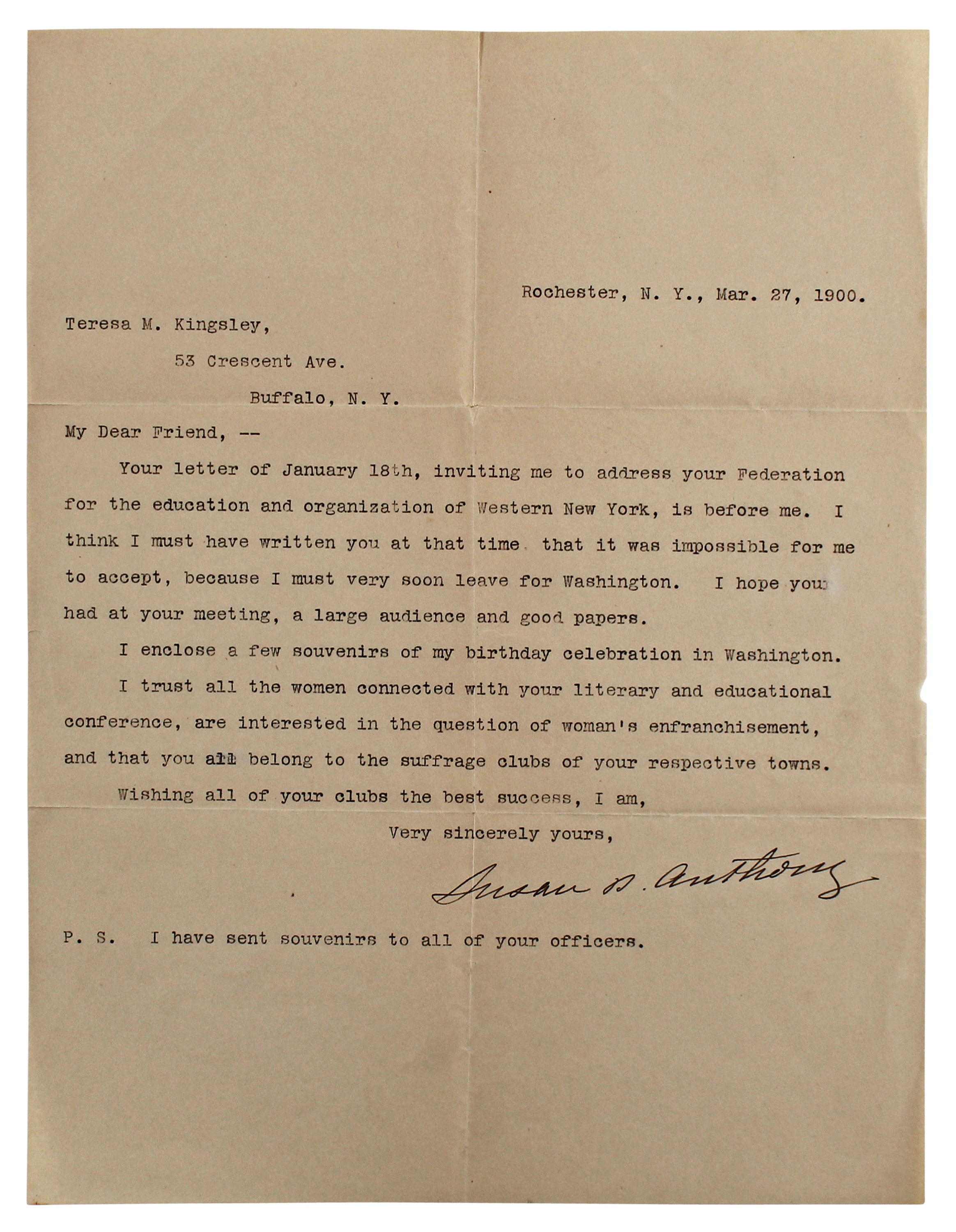 Susan B. Anthony Authentic Signed 8.25x10.75 1900 Letter BAS #AB14682