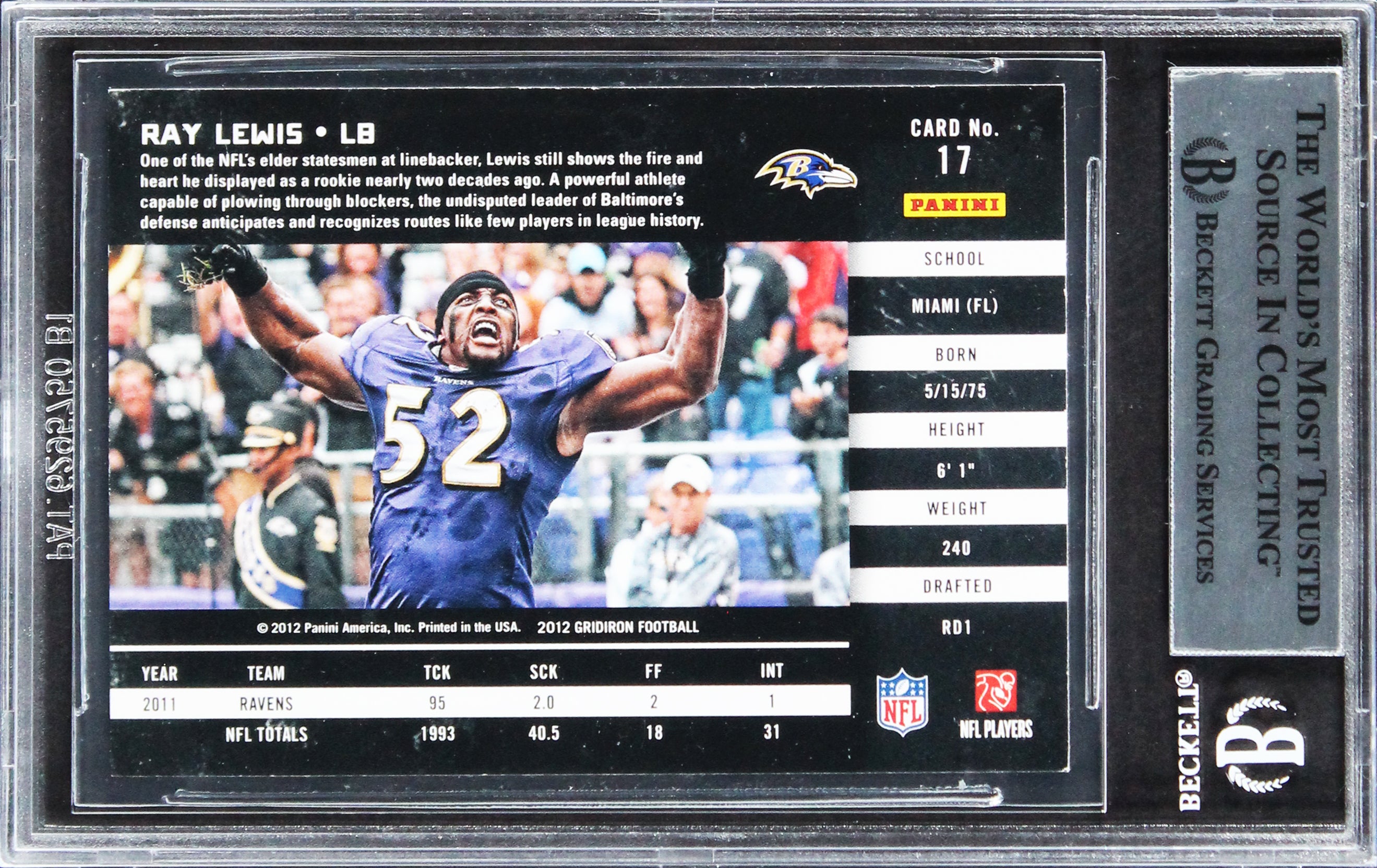 Ravens Ray Lewis Authentic Signed 2012 Gridiron #17 Card BAS Slabbed