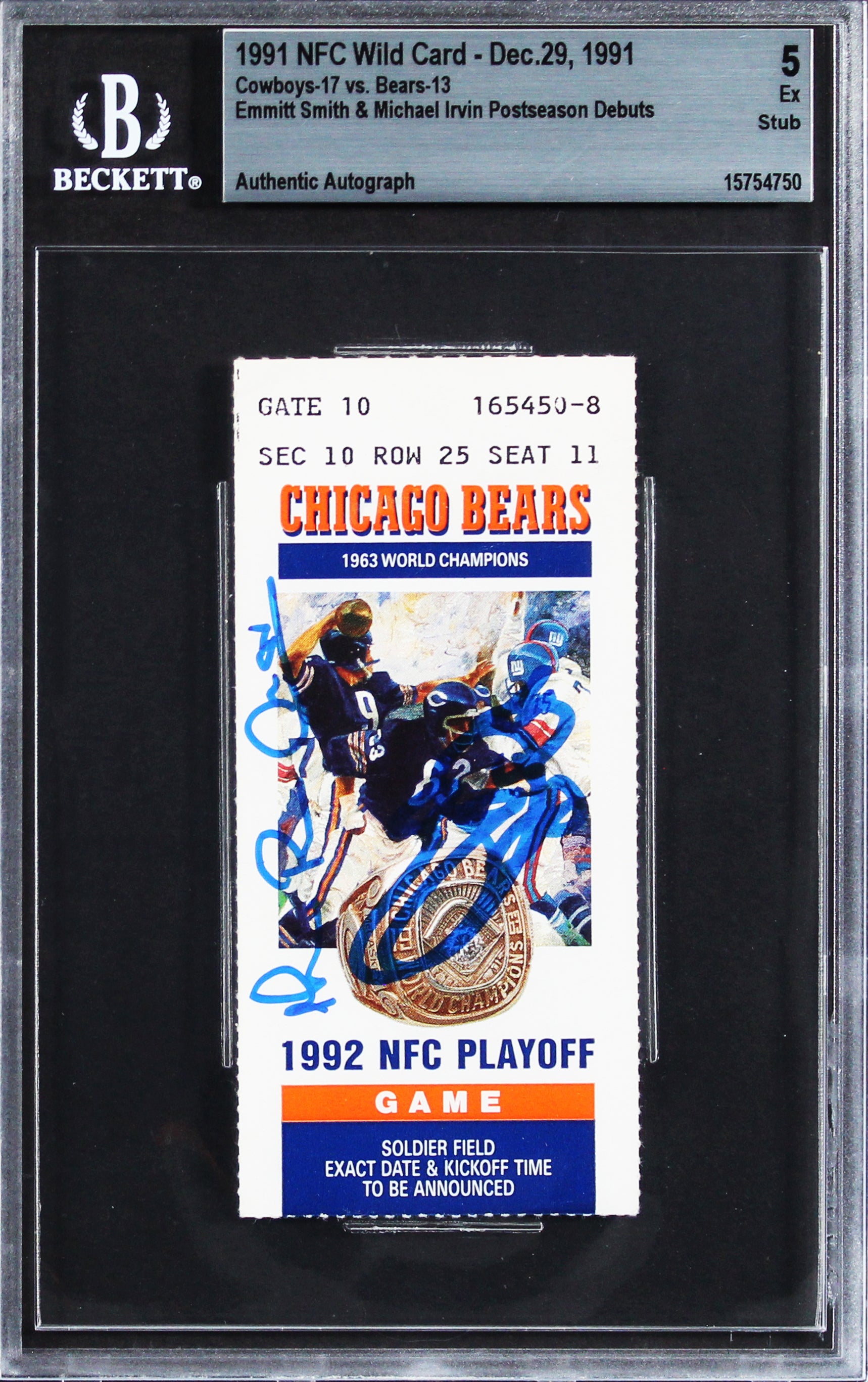 Emmitt Smith & Michael Irvin Signed 1991 Playoff Ticket Stub Graded 5 BAS Slab 1