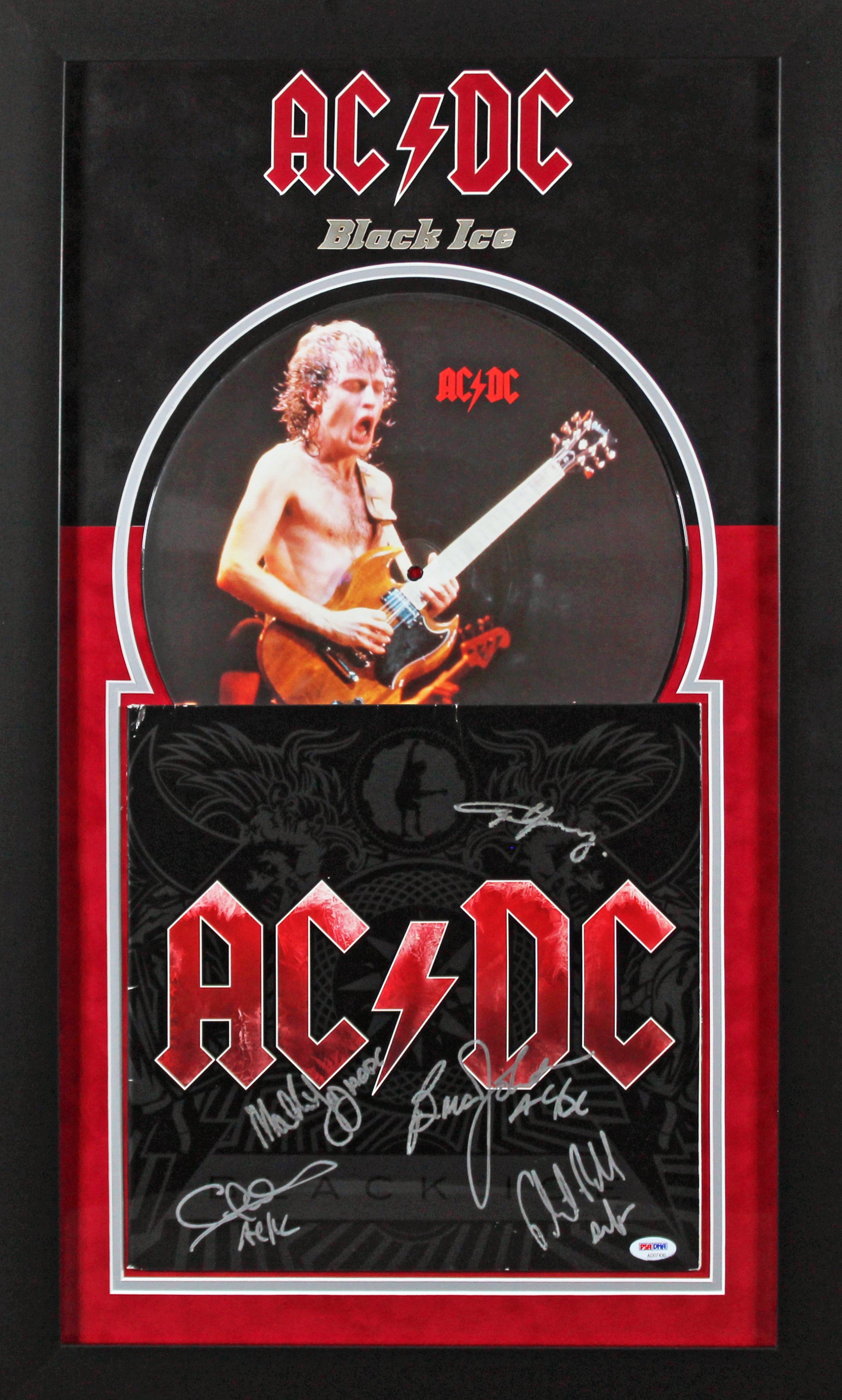 AC/DC (5) Angus, Malcolm, Johnson, Rudd +1 Signed & Framed Album Cover PSA LOA