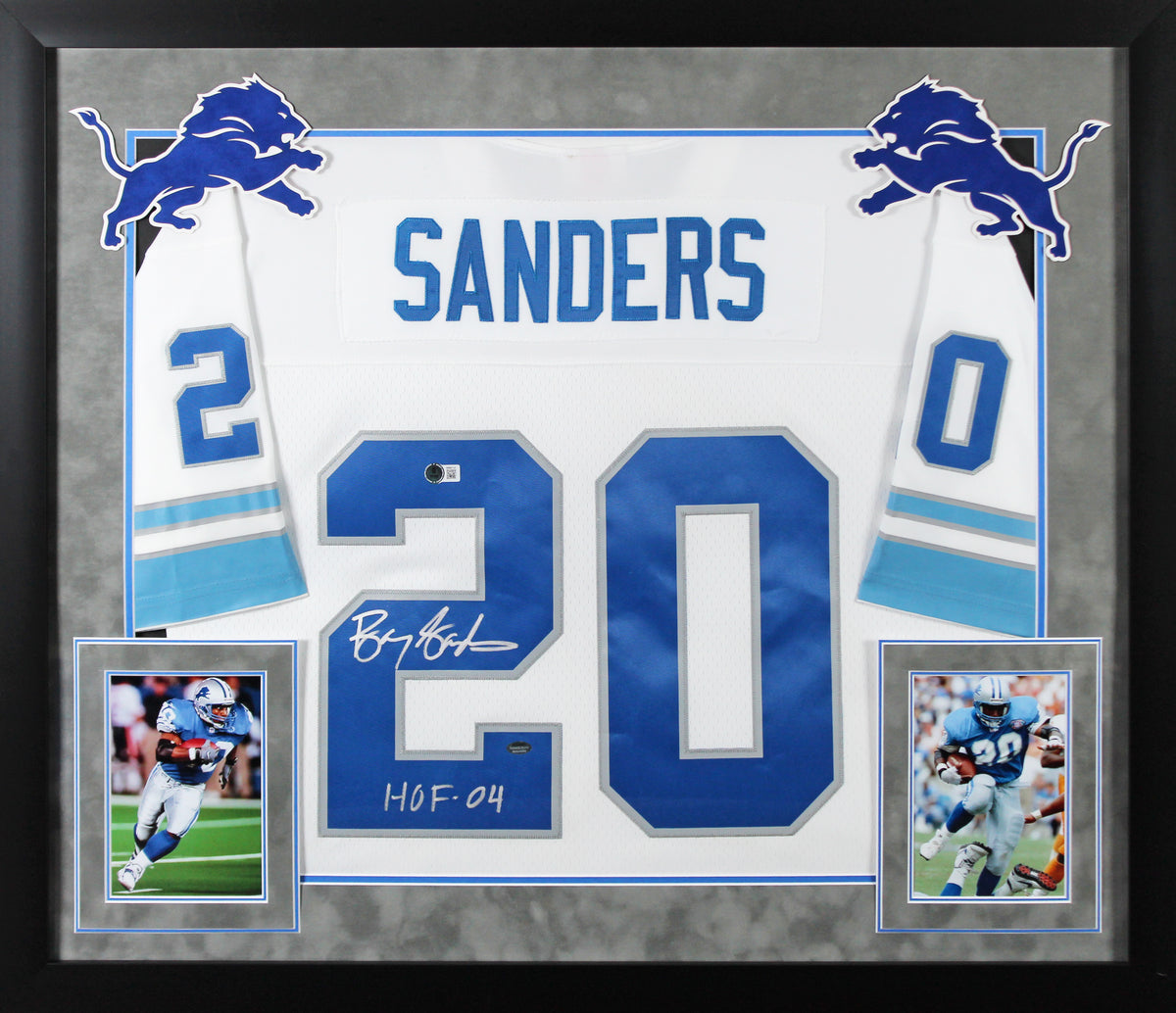 Lions Barry Sanders "HOF 04" Signed White M&N TB Framed Jersey BAS Witnessed