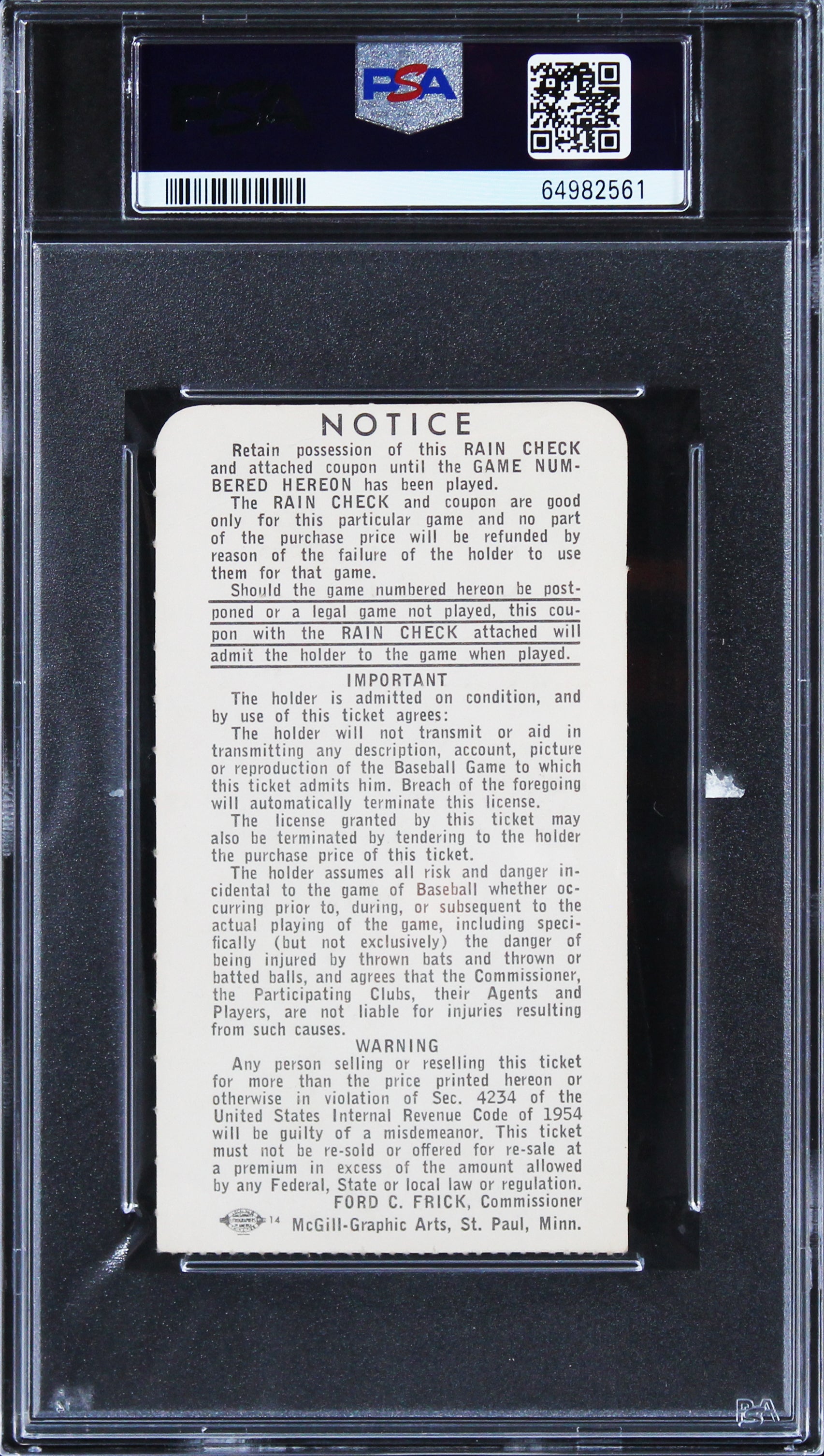 Dodgers Vs Twins 1965 WS Game 1 Ticket Stub Graded BG-EX 4 PSA/DNA Slabbed