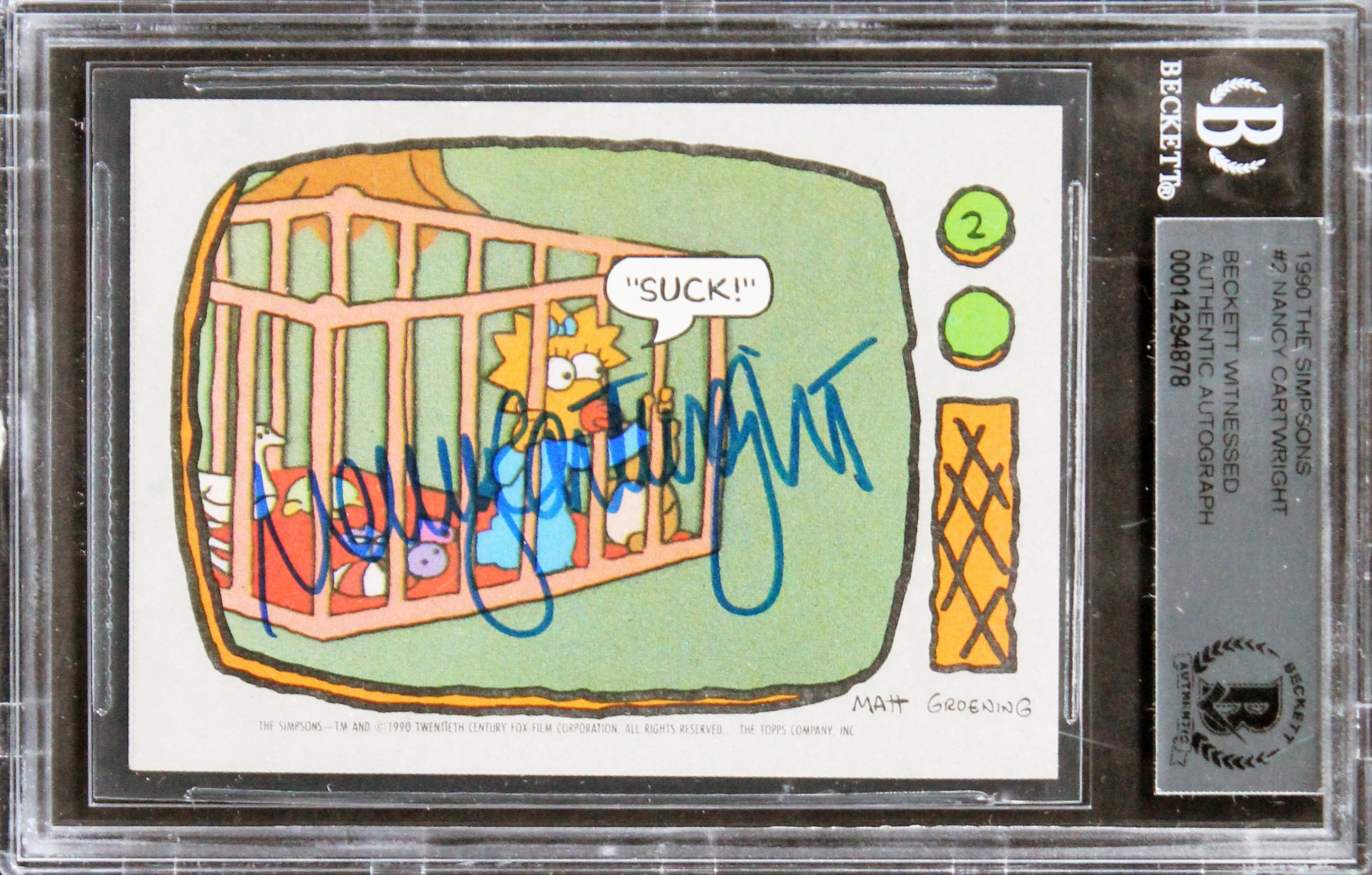 Nancy Cartwright Authentic Signed 1990 The Simpsons Stickers #2 Card BAS Slabbed