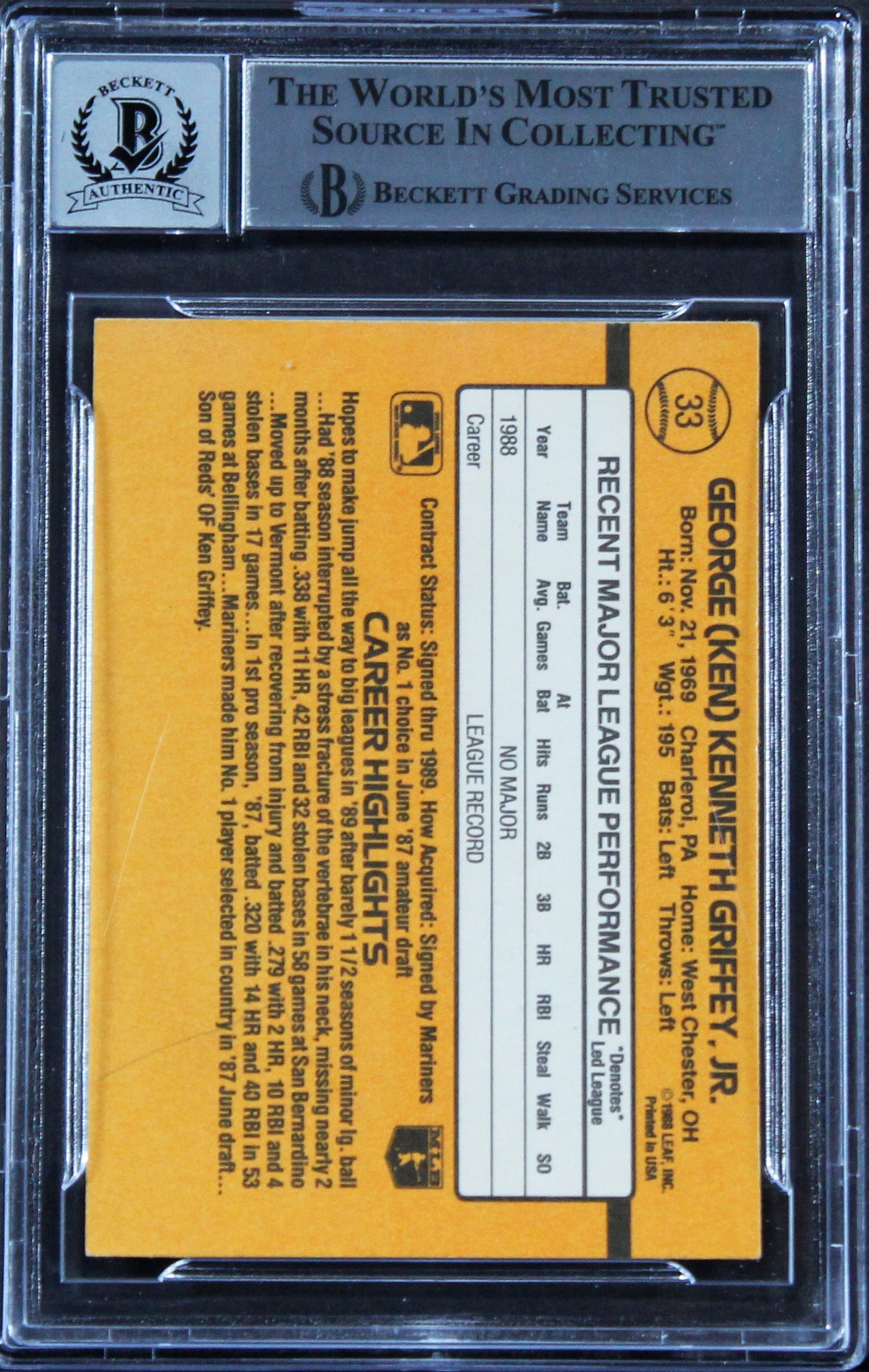 Mariners Ken Griffey Jr. Signed 1989 Donruss #33 Rookie Card Auto 10! BAS Slab 3