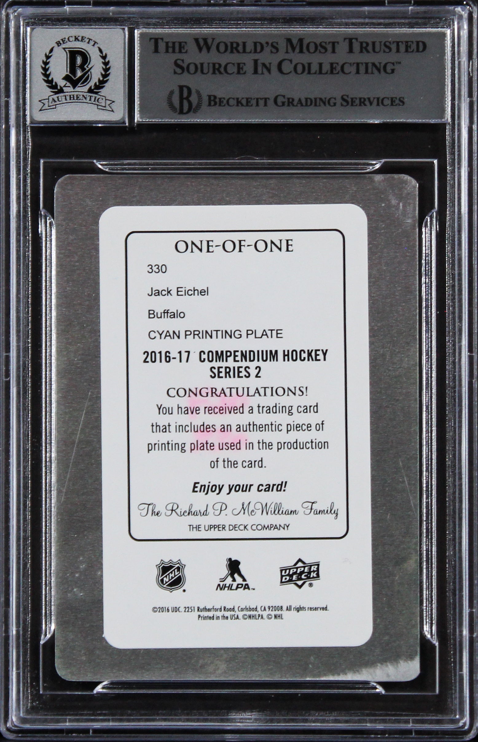 Sabres Jack Eichel Signed 2016 Upper Deck Compendium #330 Card Auto 10! BAS Slab