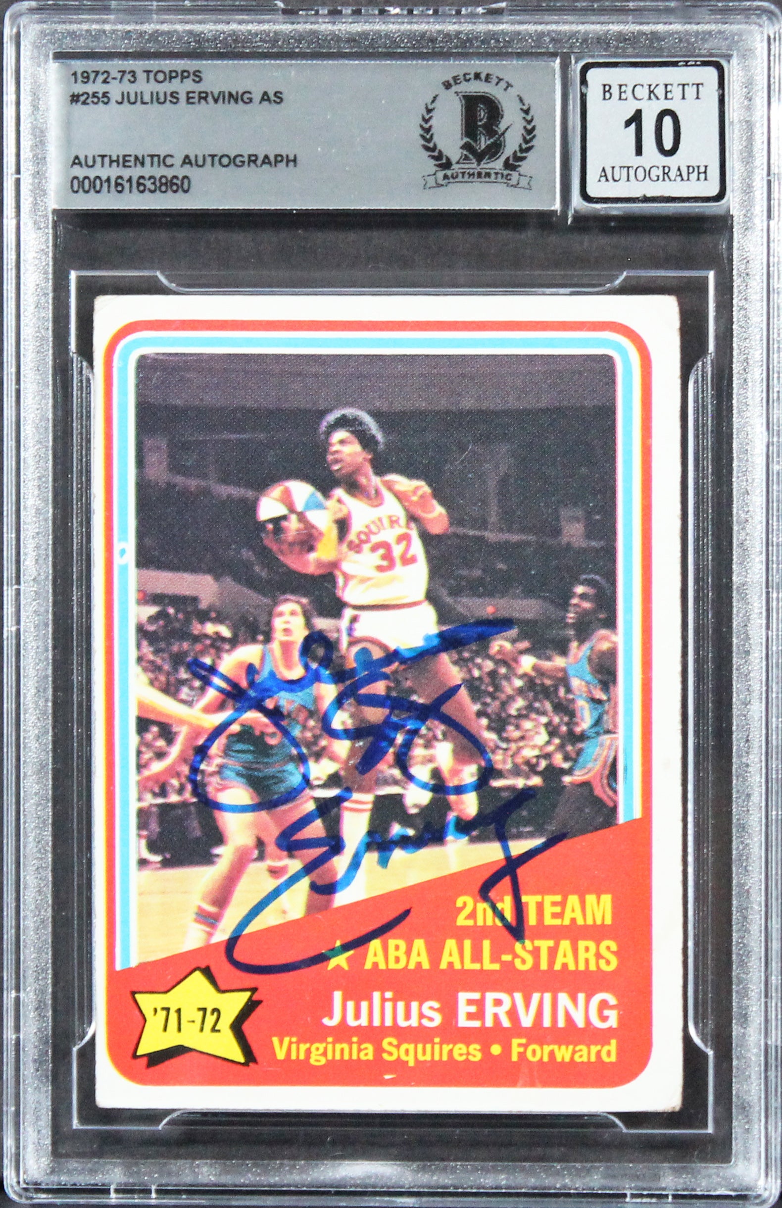 76ers Julius "Dr. J." Erving Signed 1972 Topps #255 Card Auto 10! BAS Slabbed