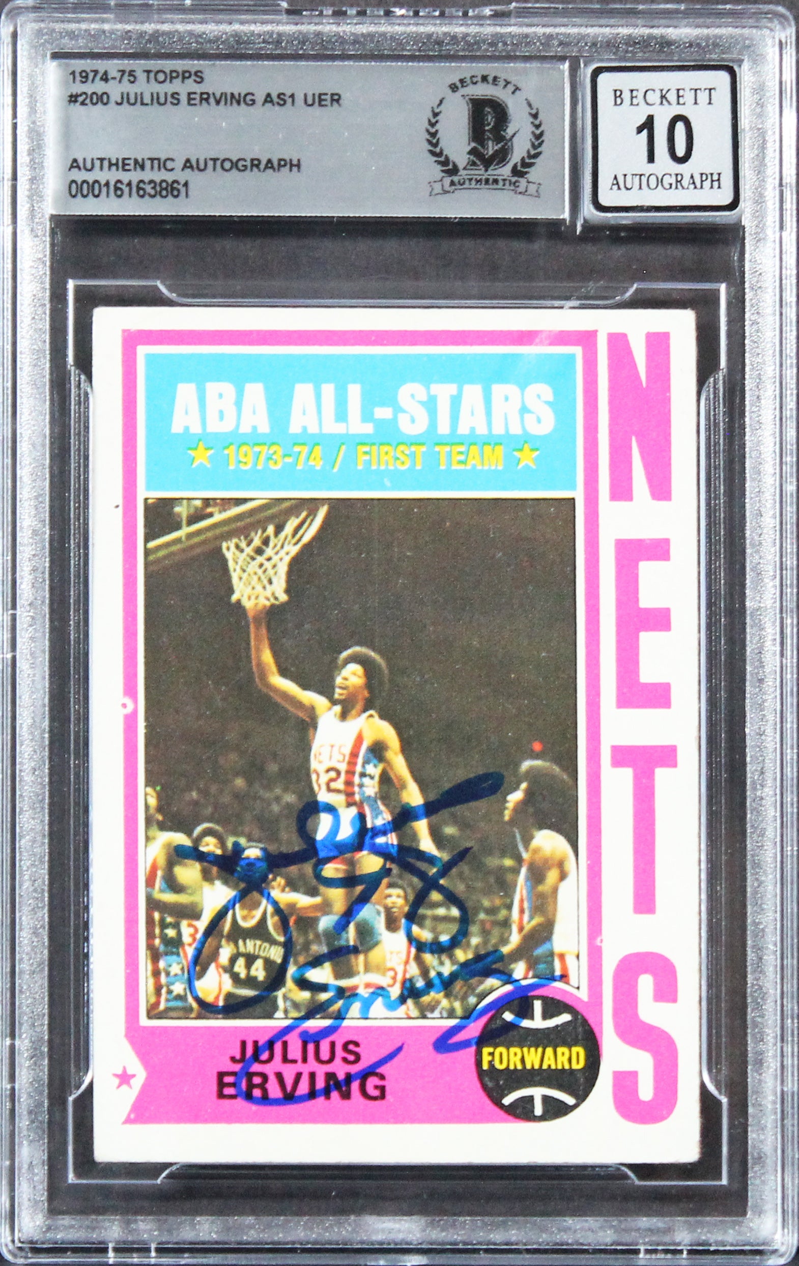 76ers Julius "Dr. J." Erving Signed 1974 Topps #200 Card Auto 10! BAS Slabbed