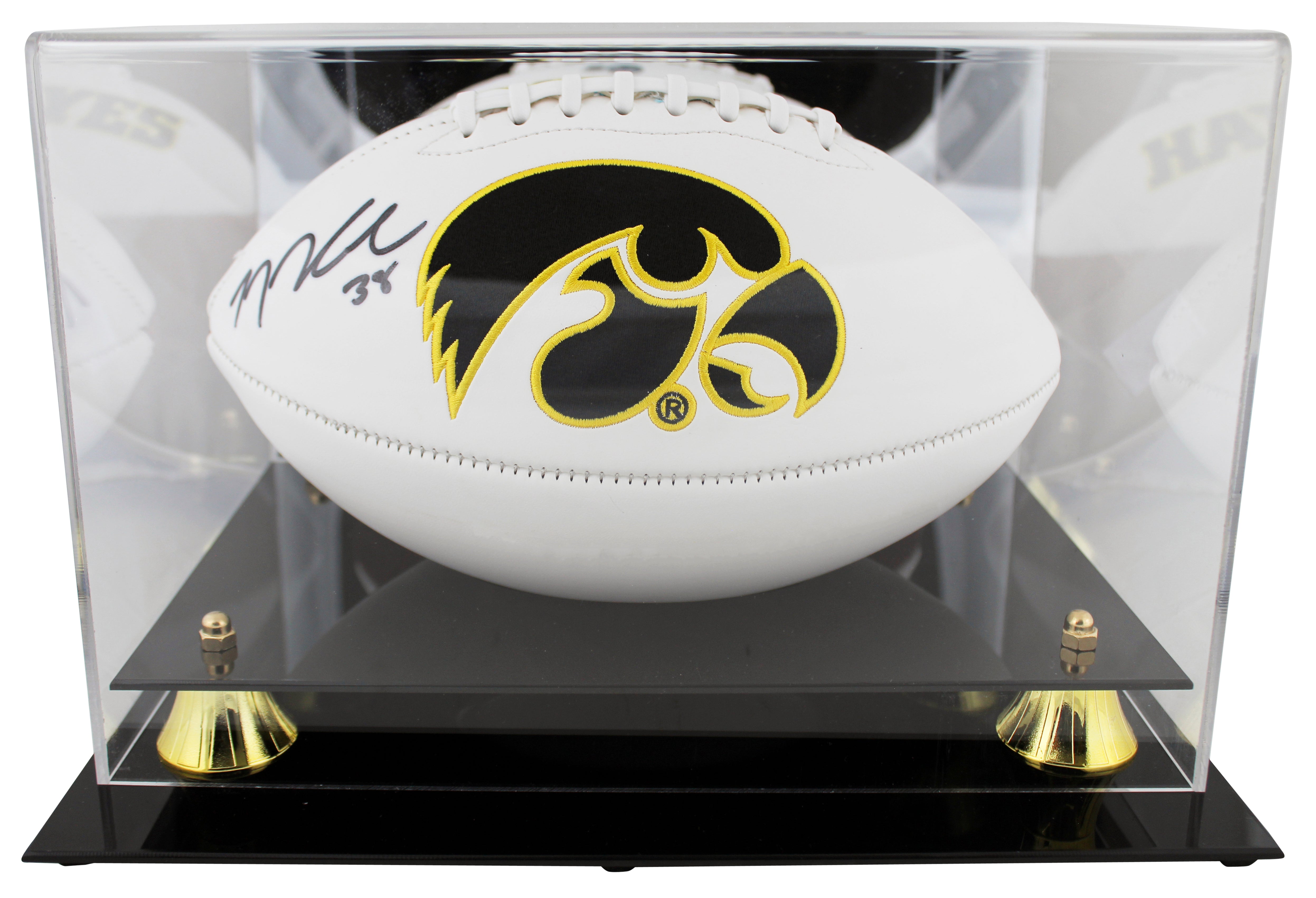 Iowa T.J. Hockenson Signed White Panel Logo Football W/ Case BAS Witnessed