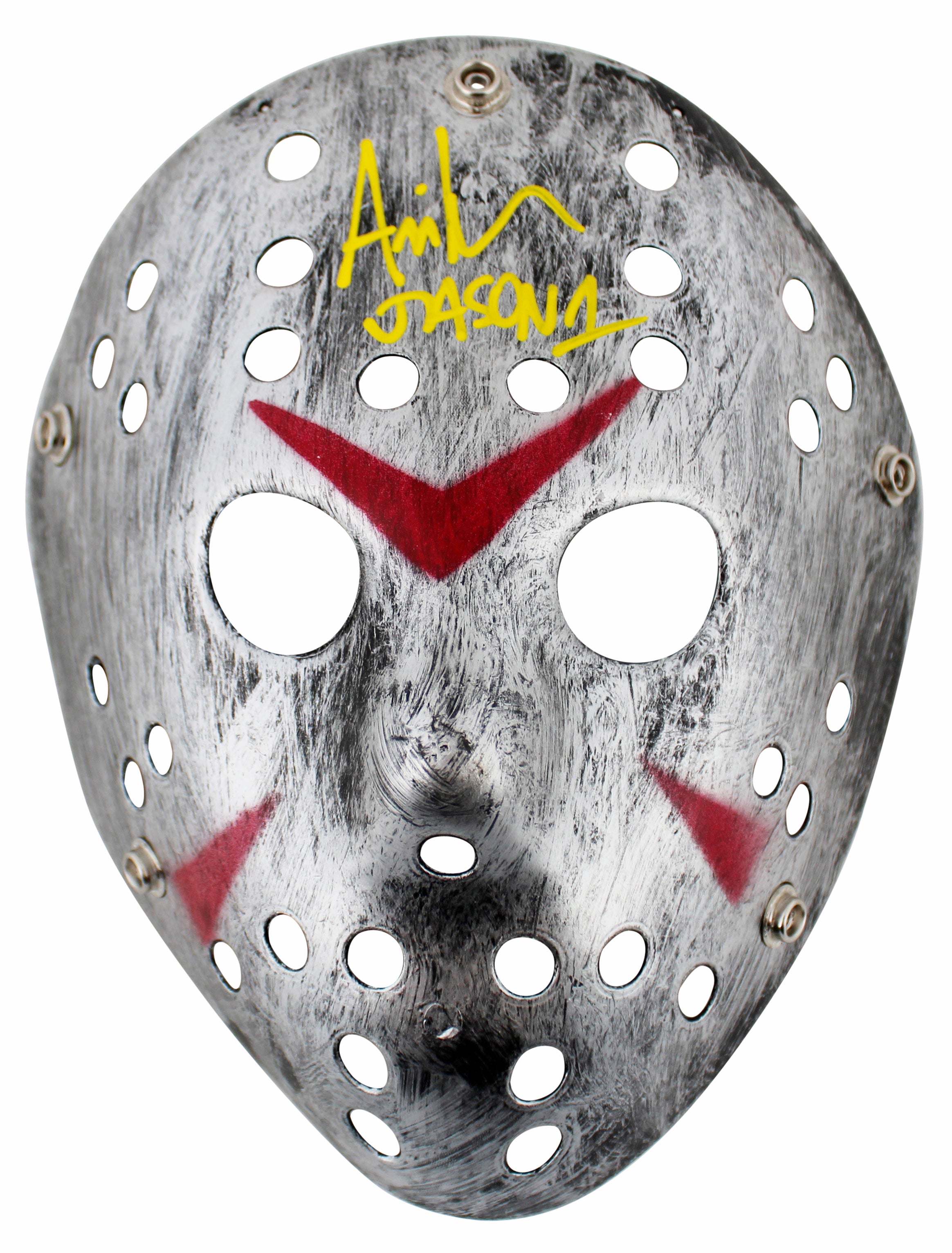 Ari Lehman Friday The 13th "Jason 1" Signed Silver Mask w/ Yellow Sig BAS Wit
