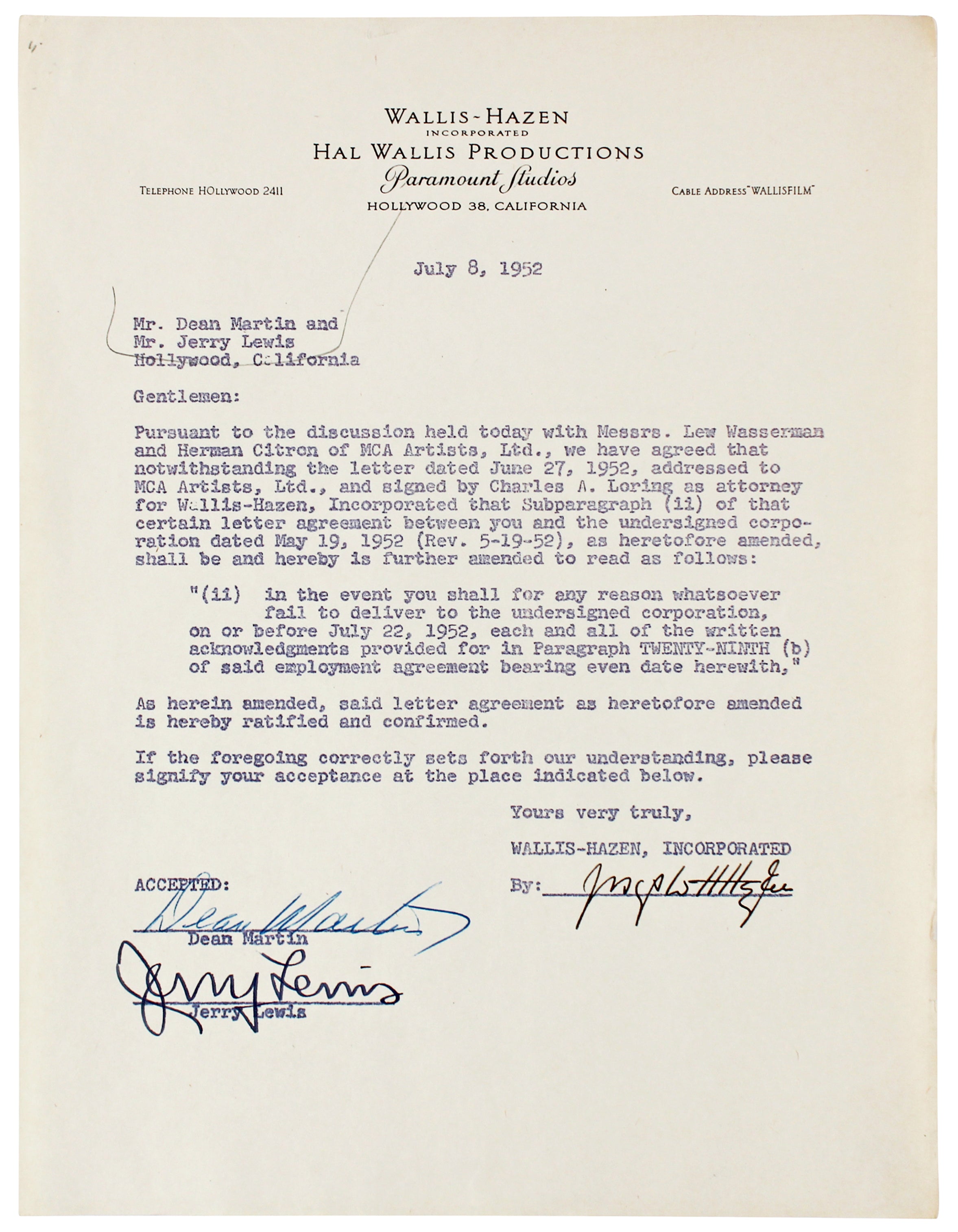 Dean Martin & Jerry Lewis Signed 8.5x11 Paramount Pictures Contract BAS #AD64170