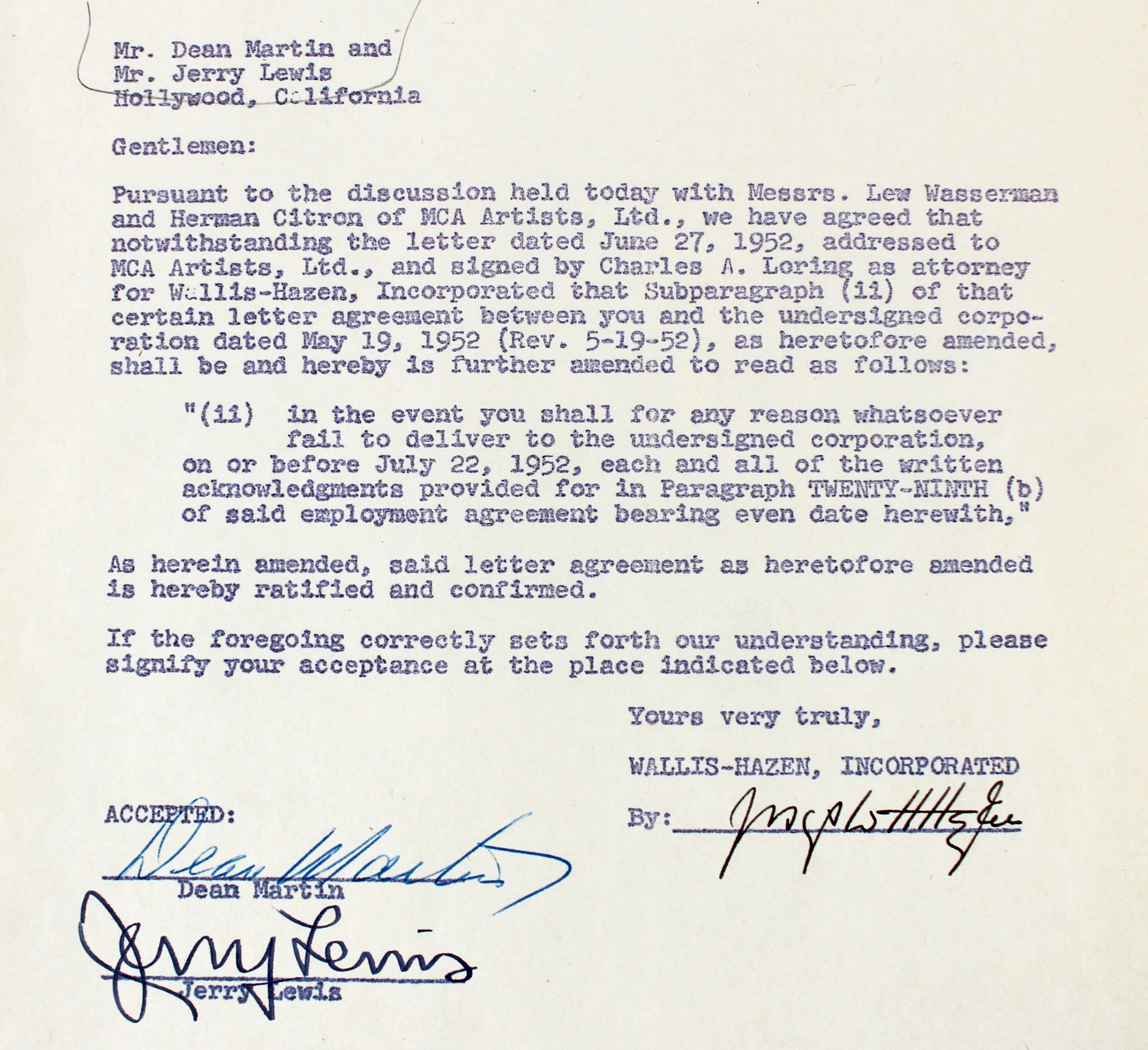 Dean Martin & Jerry Lewis Signed 8.5x11 Paramount Pictures Contract BAS #AD64170