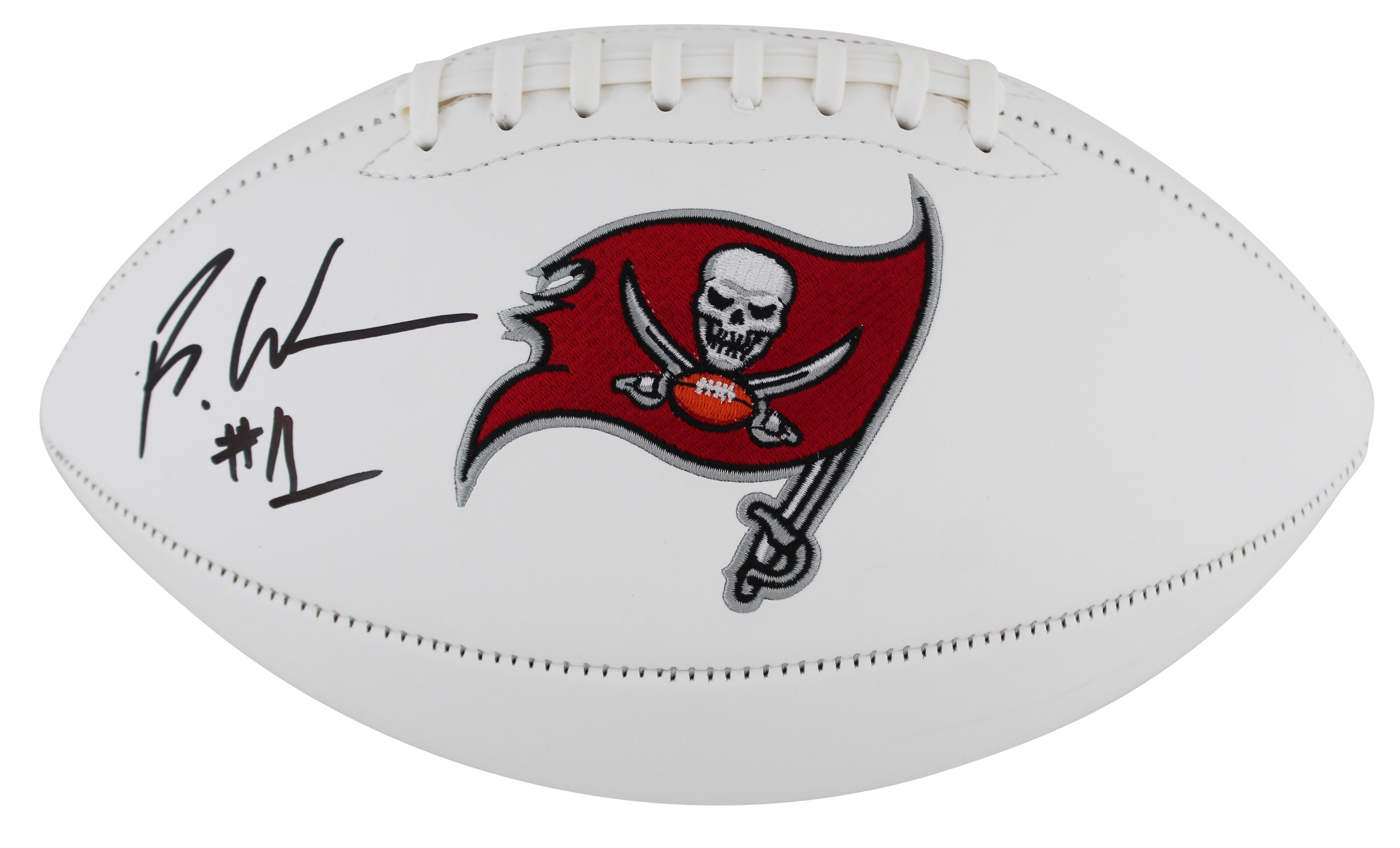 Buccaneers Rachaad White Signed White Panel Logo Football BAS Witnessed