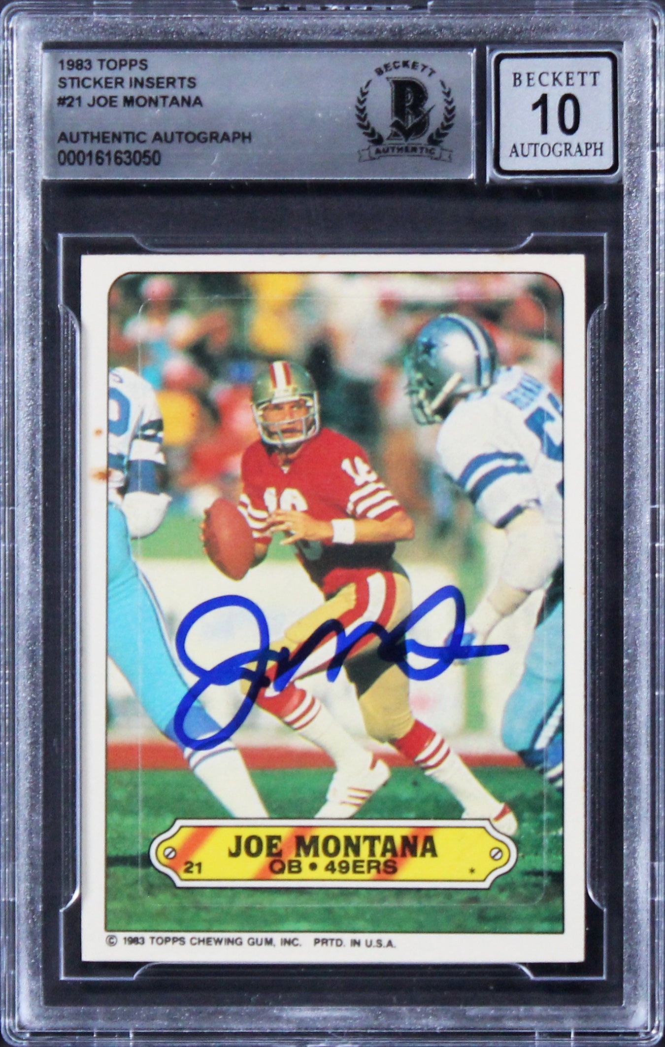 49ers Joe Montana Signed 1983 Topps Sticker Inserts #21 Card Auto 10! BAS Slab