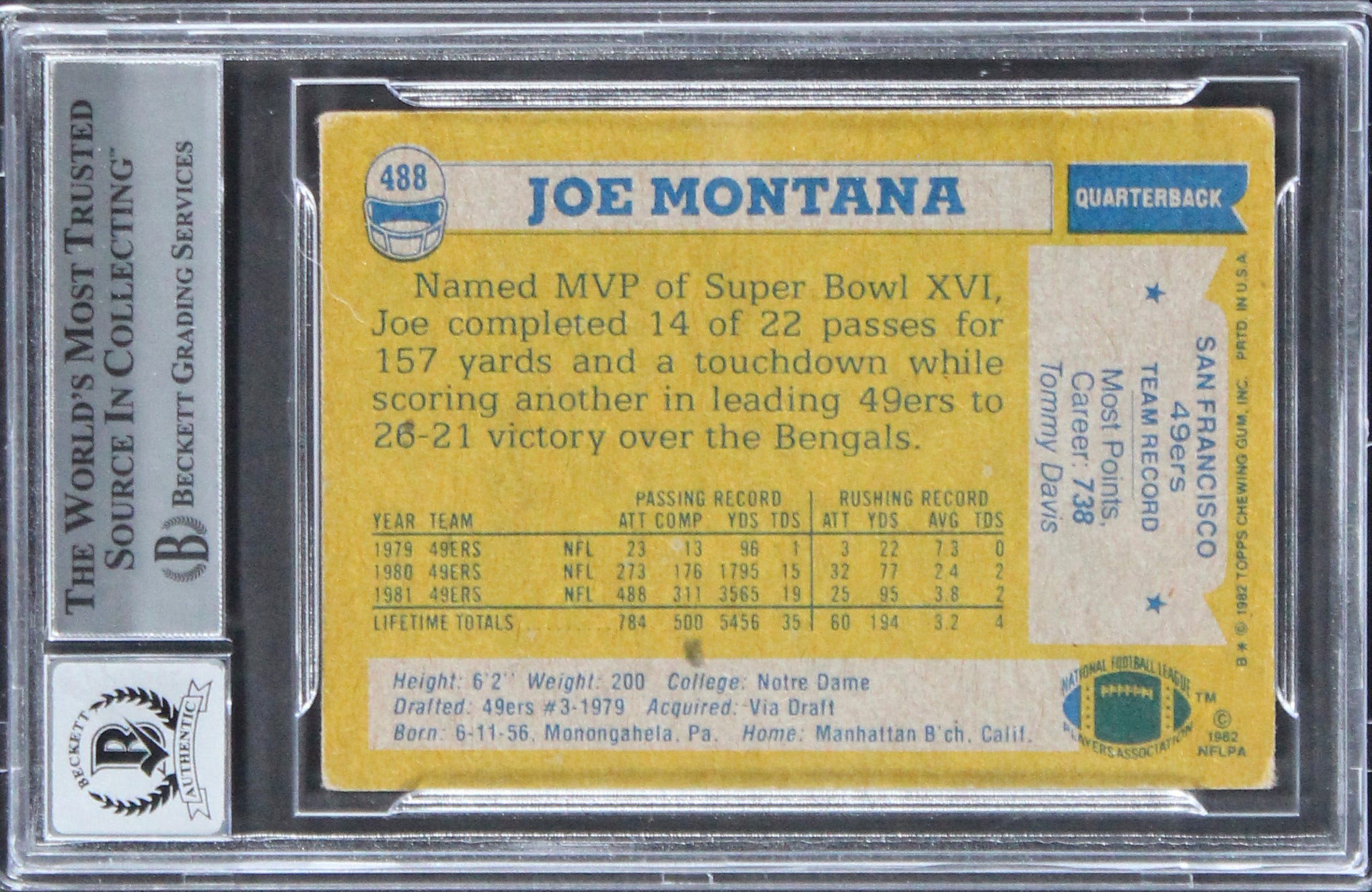 49ers Joe Montana Authentic Signed 1982 Topps #488 Card Auto 10! BAS Slabbed 1