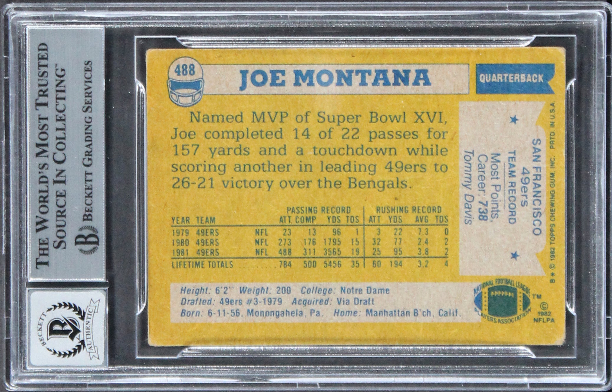 49ers Joe Montana Authentic Signed 1982 Topps #488 Card Auto 10! BAS Slabbed 2