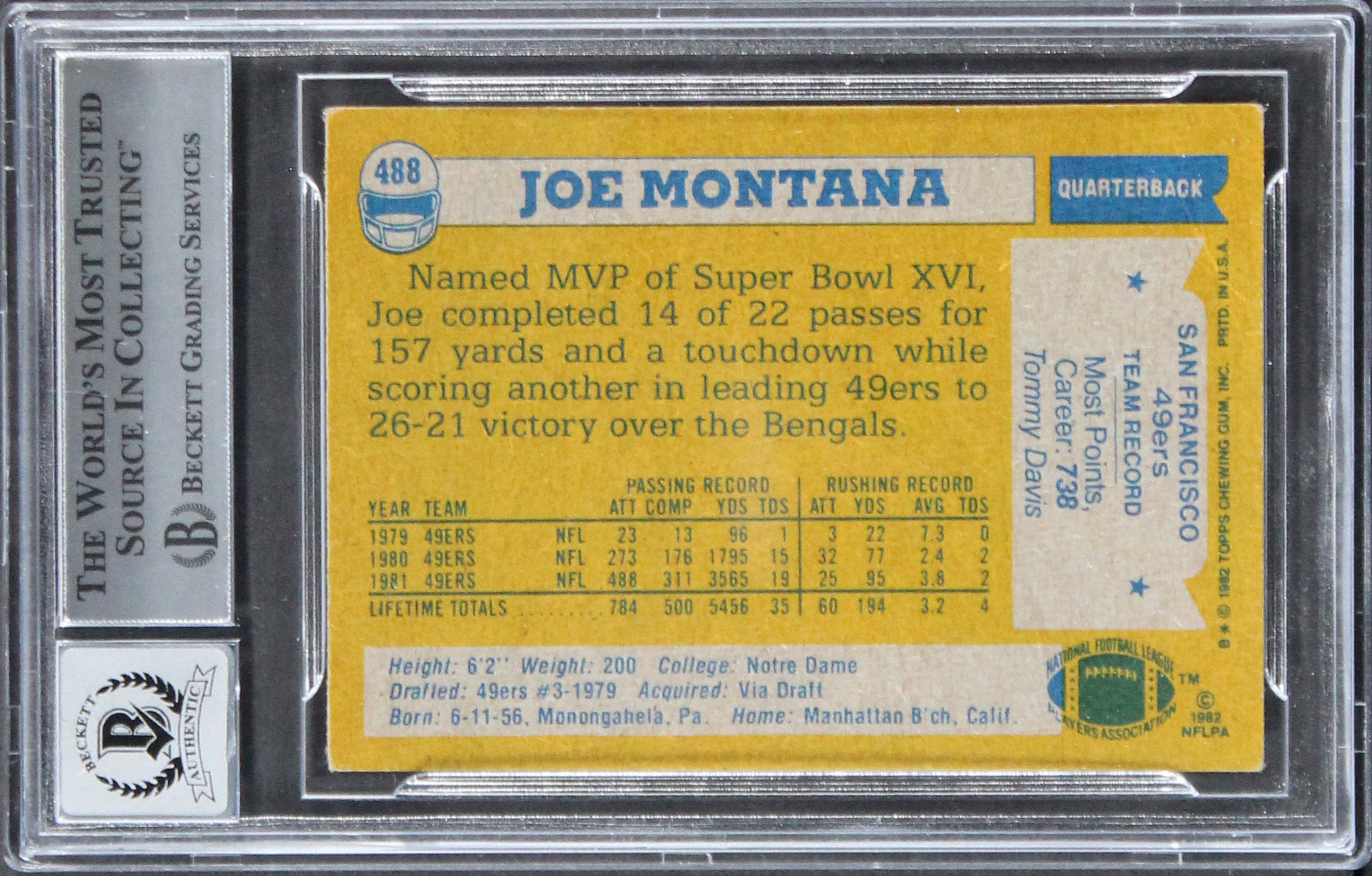 49ers Joe Montana Authentic Signed 1982 Topps #488 Card Auto 10! BAS Slabbed 4