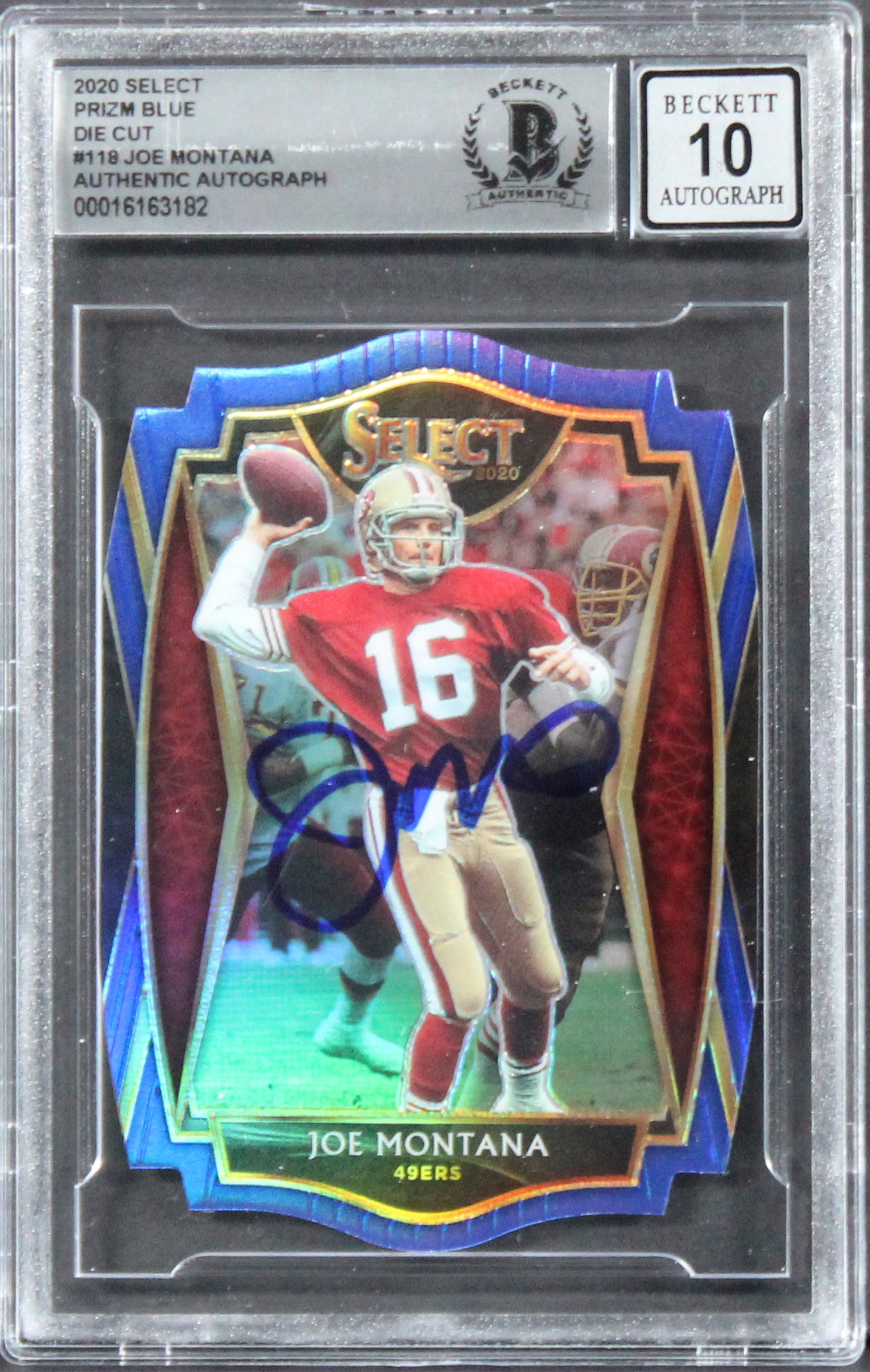 49ers Joe Montana Signed 2020 Select Prizm Blue #118 Card Auto 10! BAS Slabbed