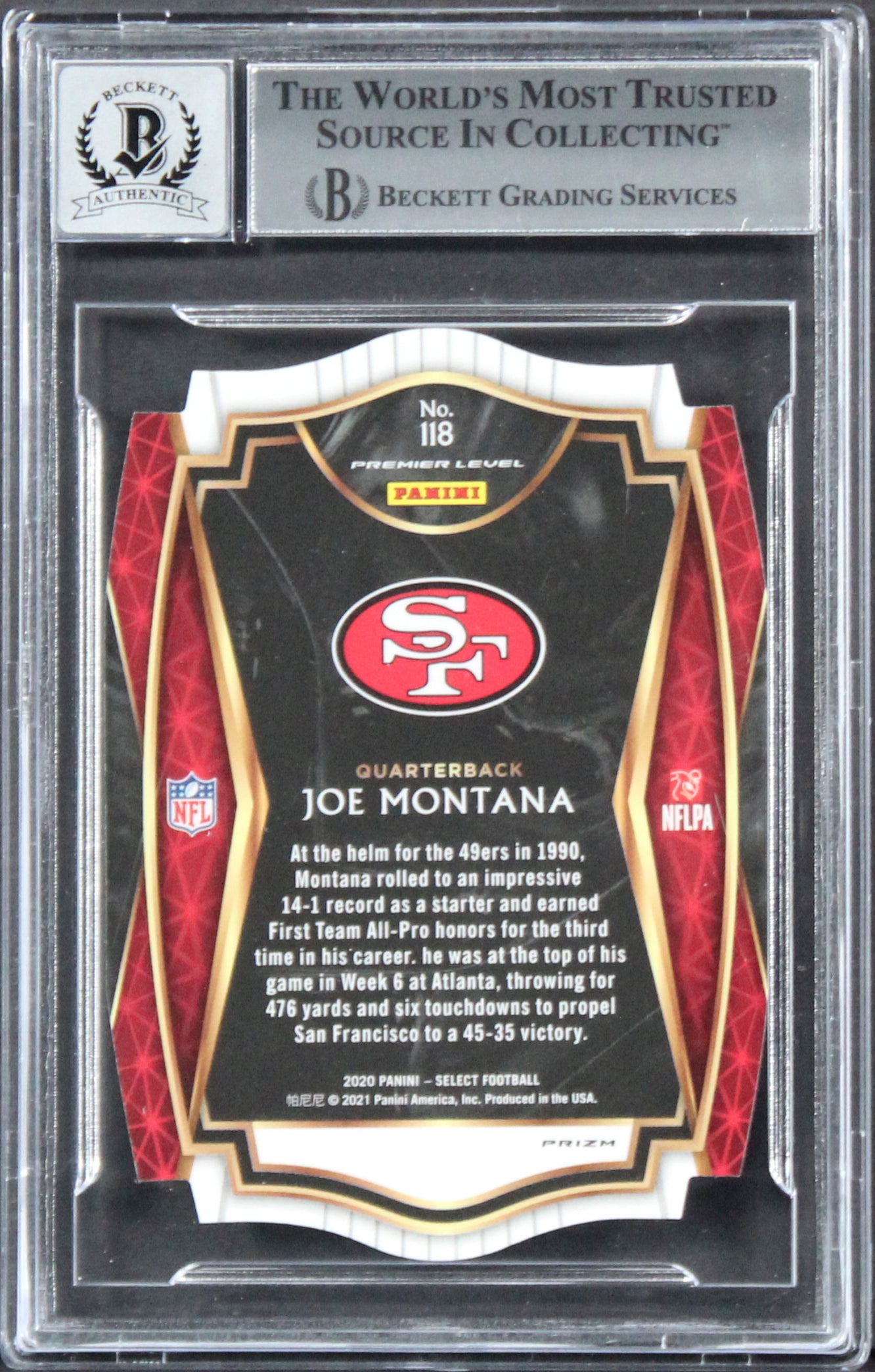 49ers Joe Montana Signed 2020 Select Prizm Blue #118 Card Auto 10! BAS Slabbed