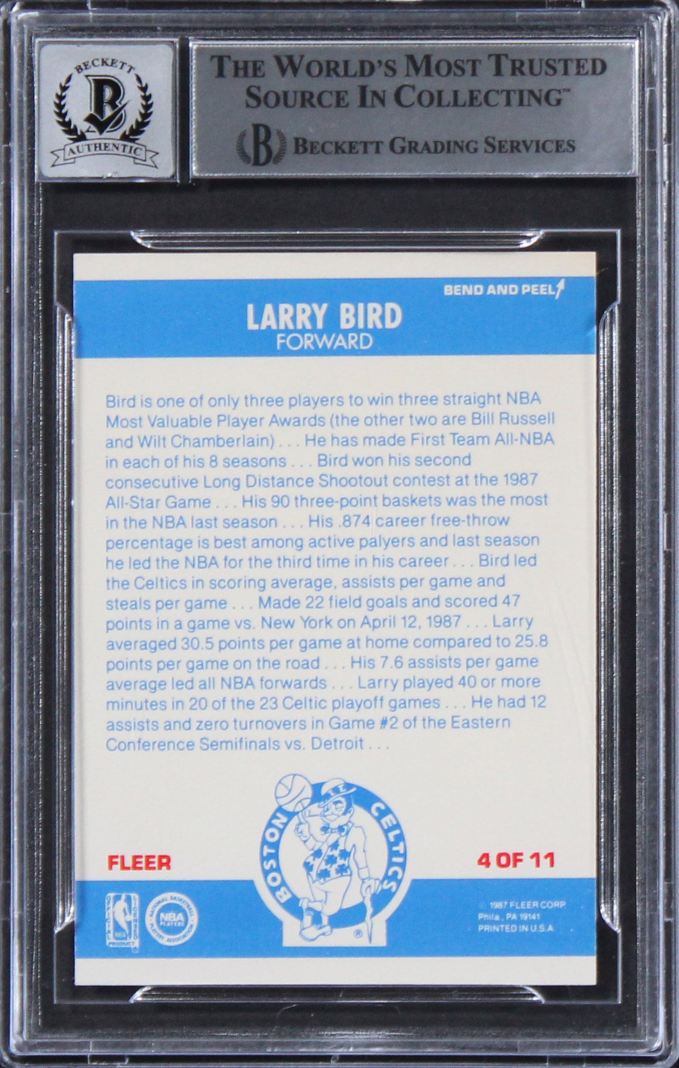 Celtics Larry Bird Signed 1987 Fleer Stickers #4 Card Auto 10! BAS Slabbed