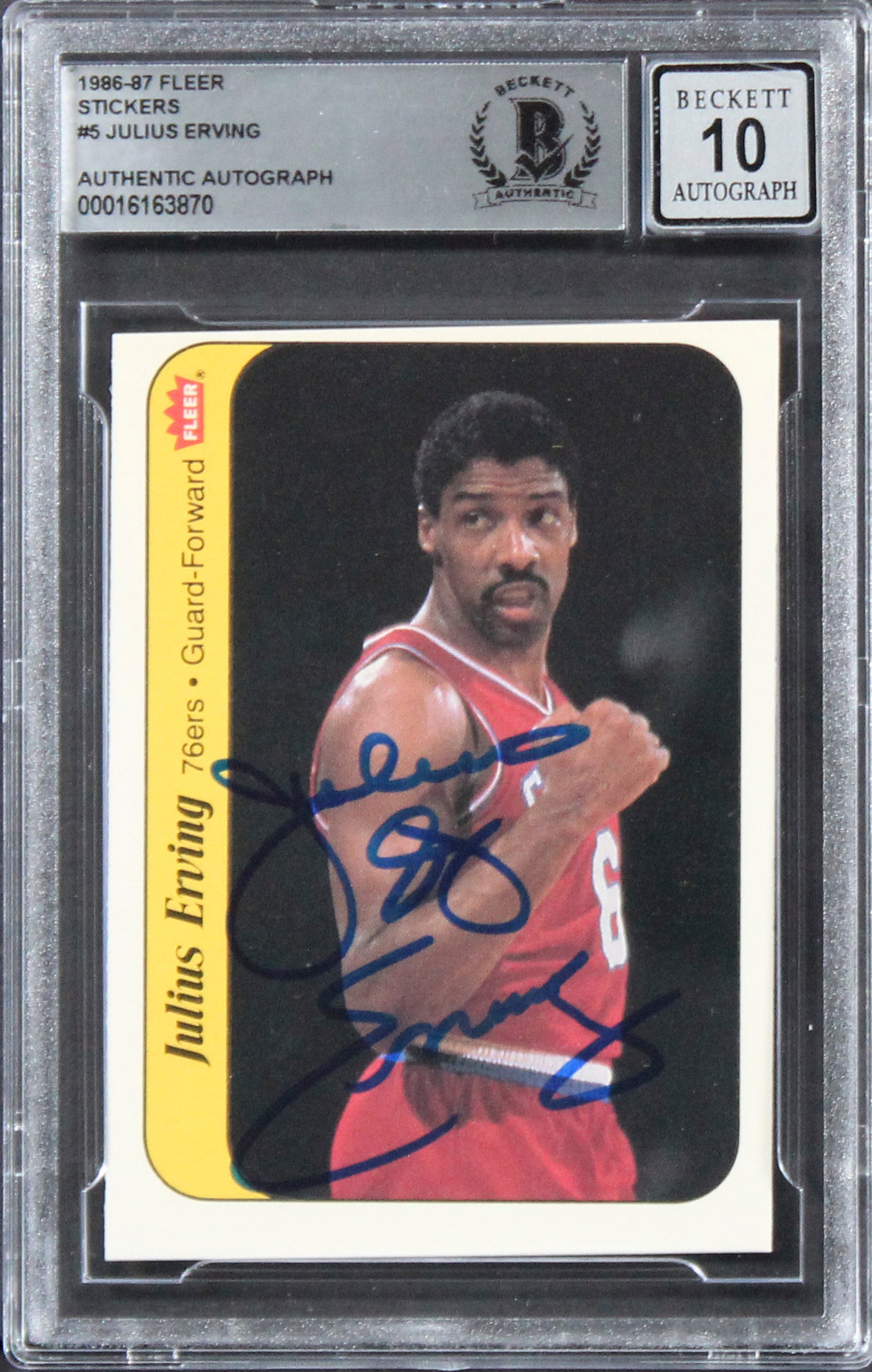 76ers Julius "Dr J" Erving Signed 1986 Fleer Stickers #5 Card Auto 10 BAS Slab 2