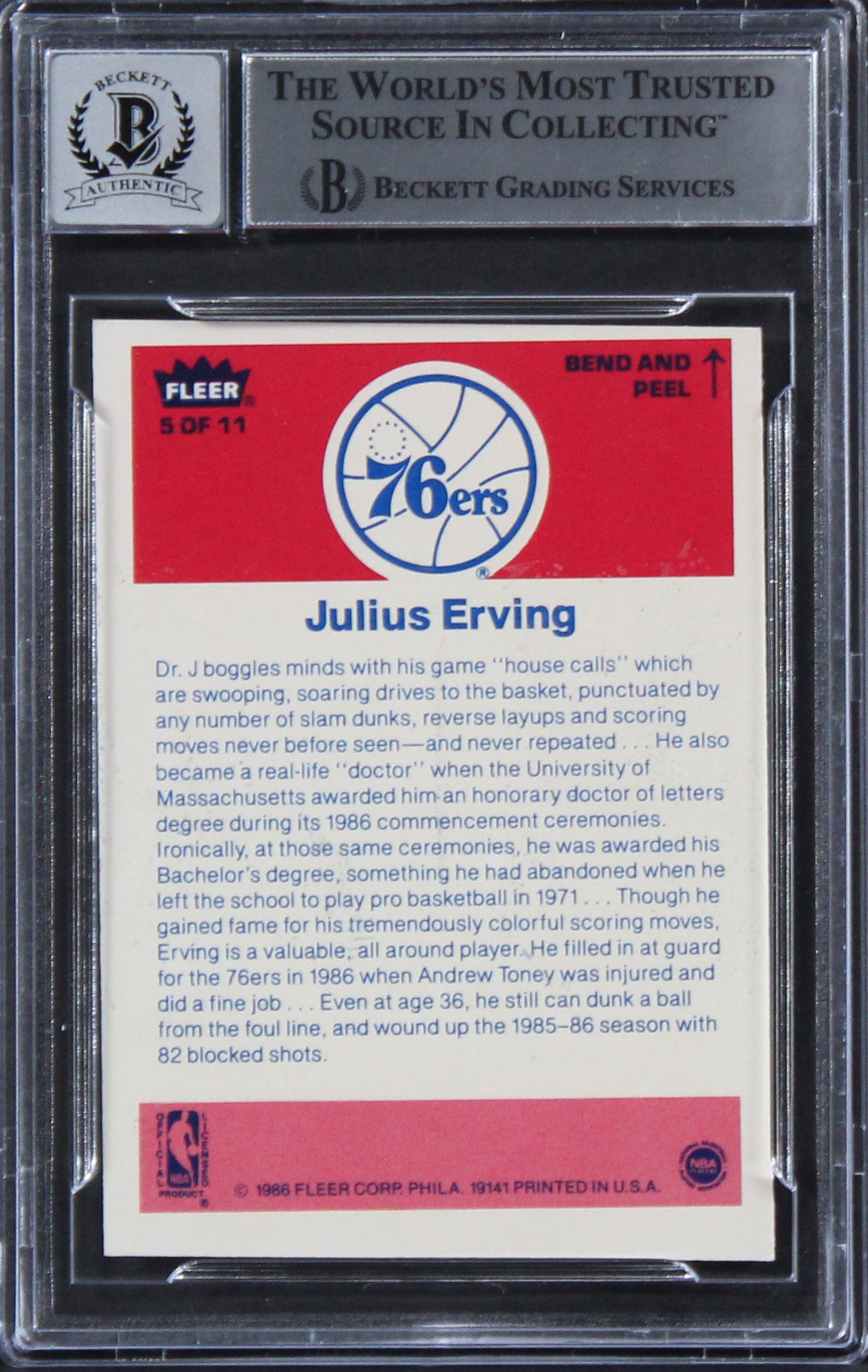 76ers Julius "Dr J" Erving Signed 1986 Fleer Stickers #5 Card Auto 10 BAS Slab 2