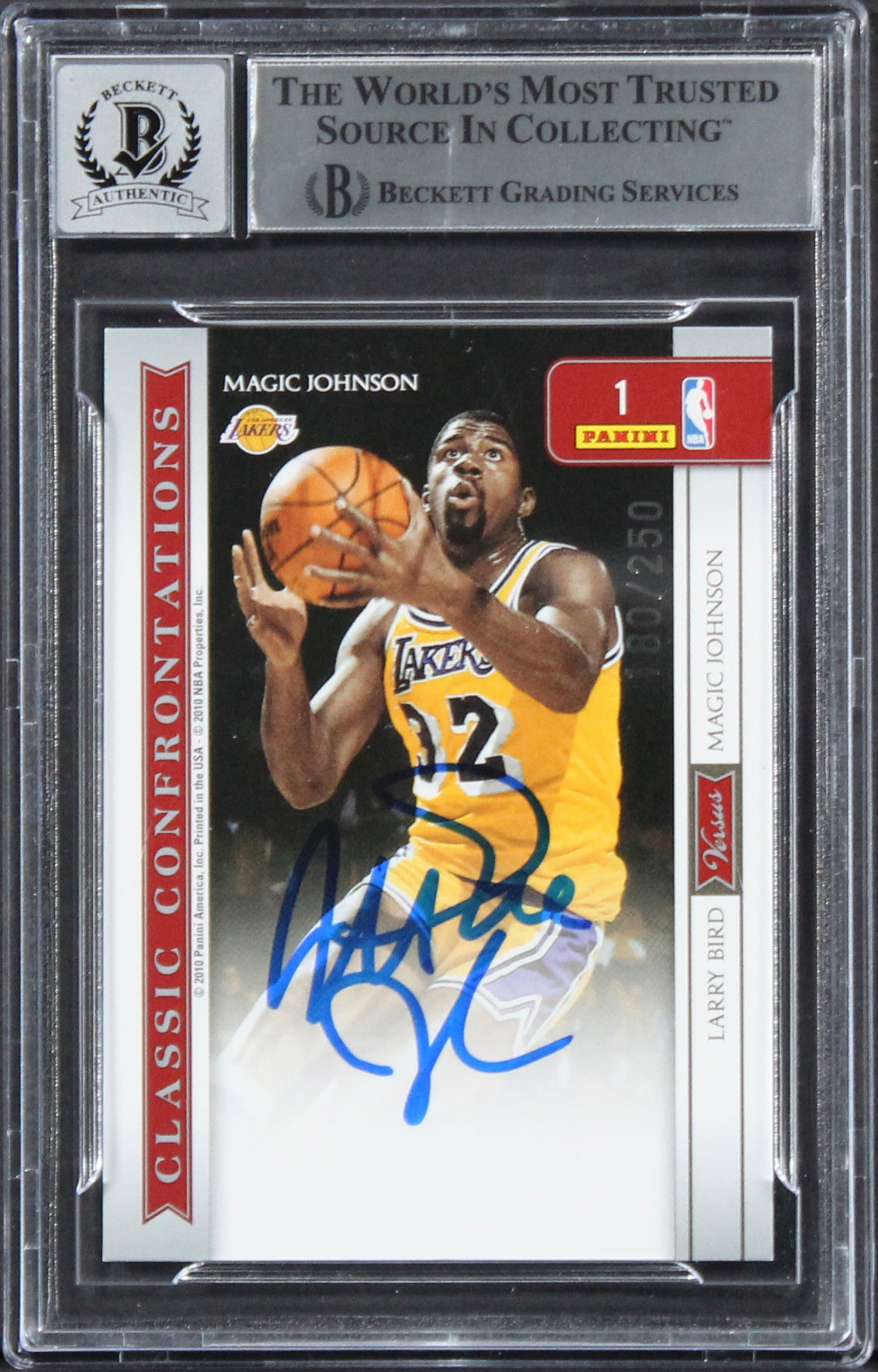 Larry Bird & Magic Johnson Signed 2009 Classics #1 180/250 Card Auto 10 BAS Slab