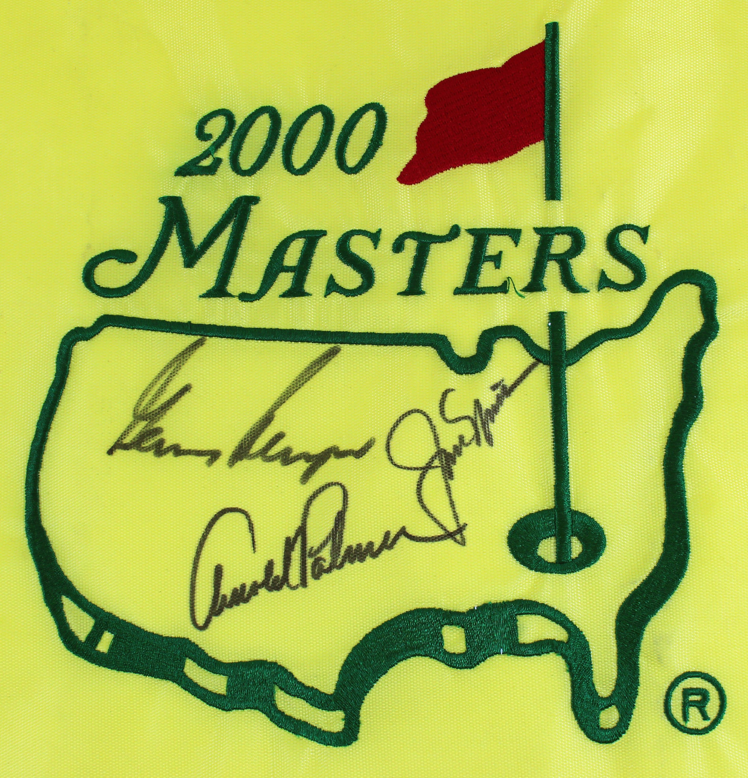 (3) Nicklaus, Palmer & Player Signed & Framed 2000 Masters Pin Flag JSA #BB22660