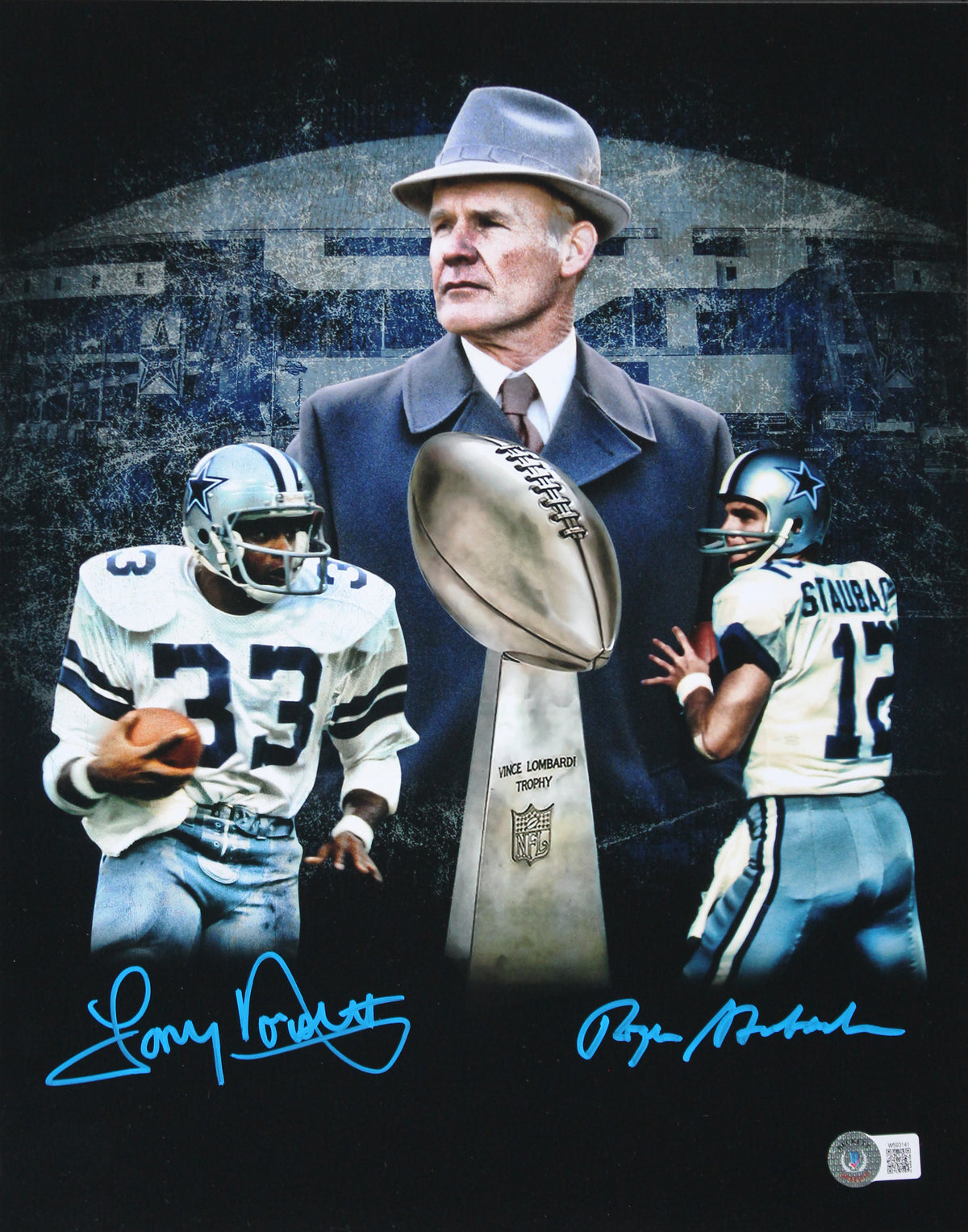 Cowboys Roger Staubach & Tony Dorsett Signed 11x14 Custom Blackout Photo BAS Wit