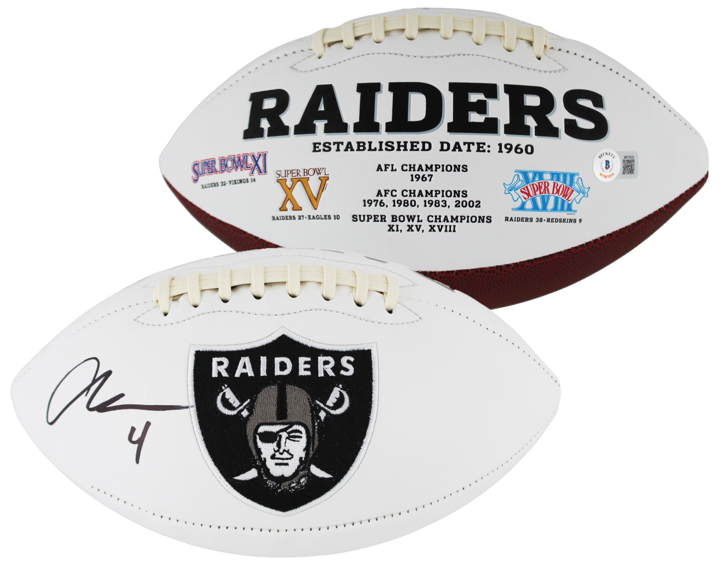 Raiders Aidan O'Connell Authentic Signed White Panel Logo Football BAS Witnessed