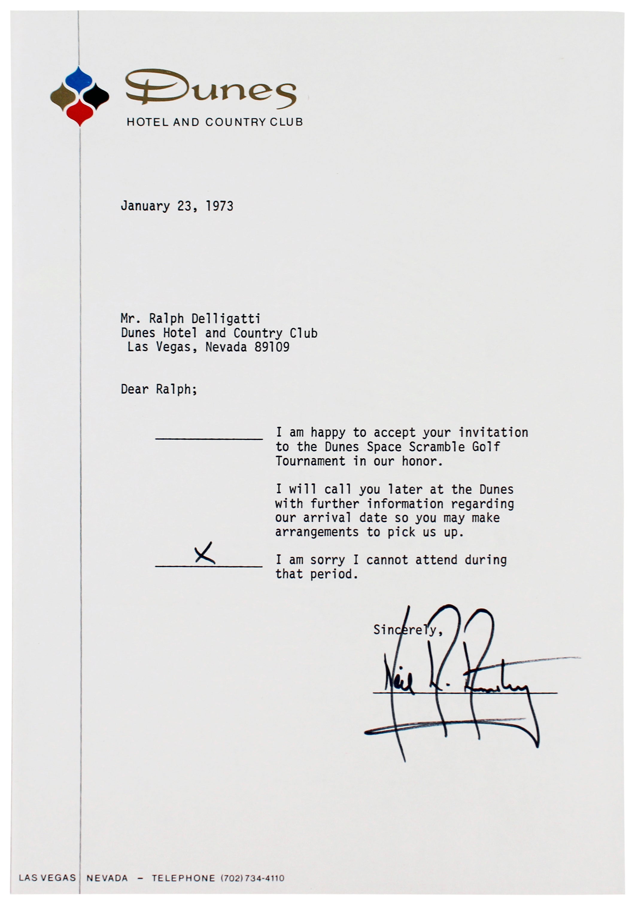 Neil Armstrong Apollo 11 Signed 7.25x10.5 1973 RSVP Letter BAS #AD85205