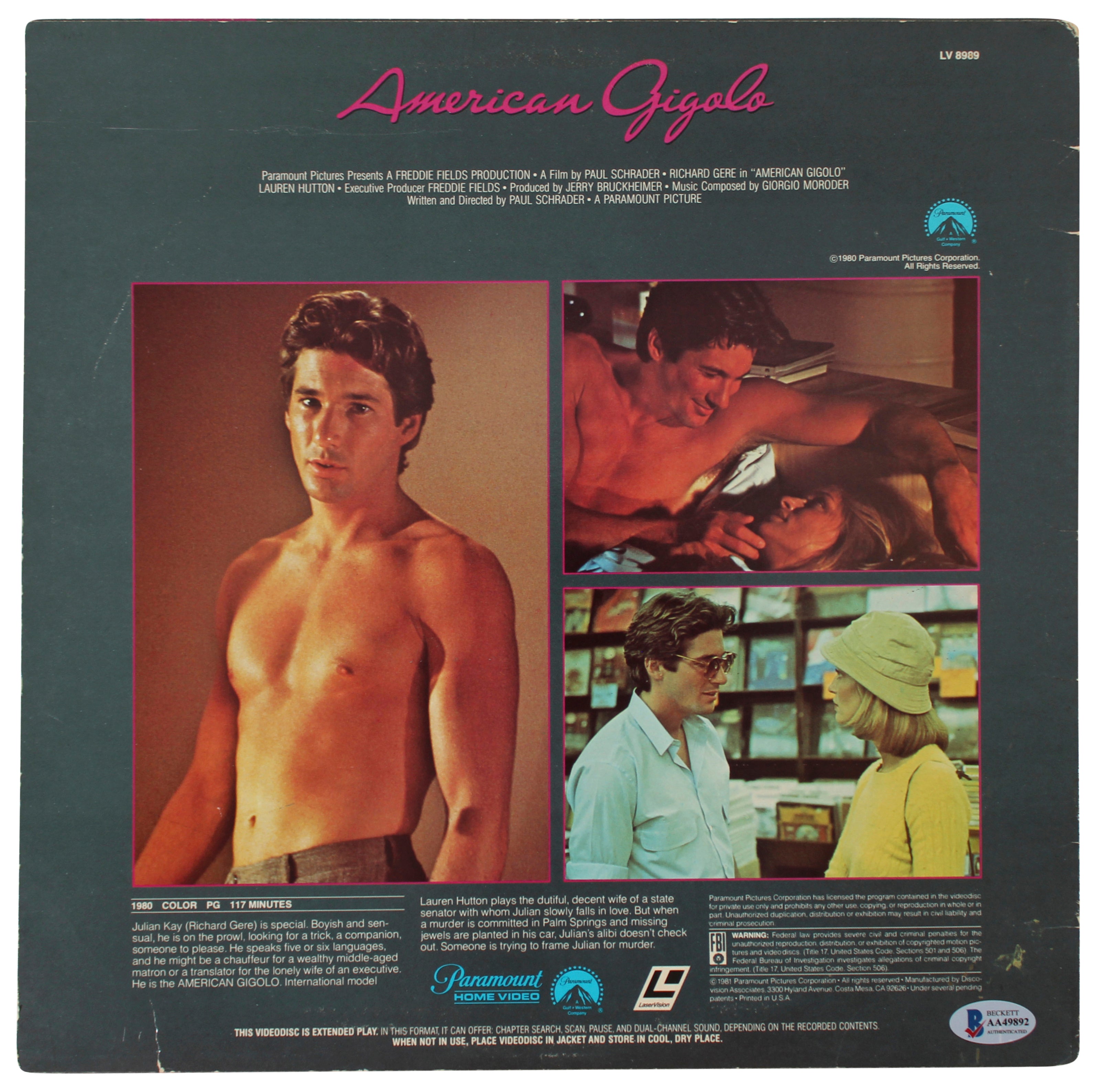 Richard Gere Signed American Gigolo Laserdisc Cover w/o Disk BAS #AA49892