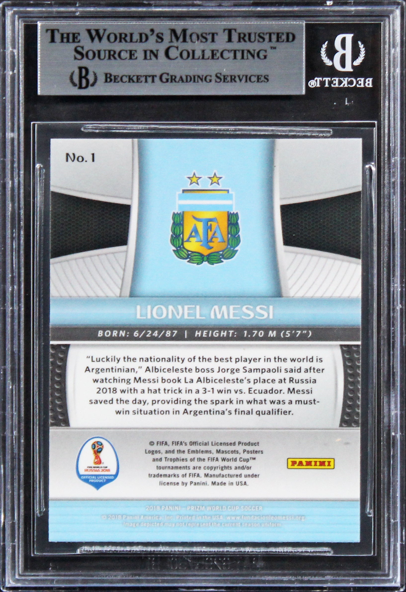 Lionel Messi Authentic Signed 2018 Panini Prizm World Cup #1 Card BAS Slabbed