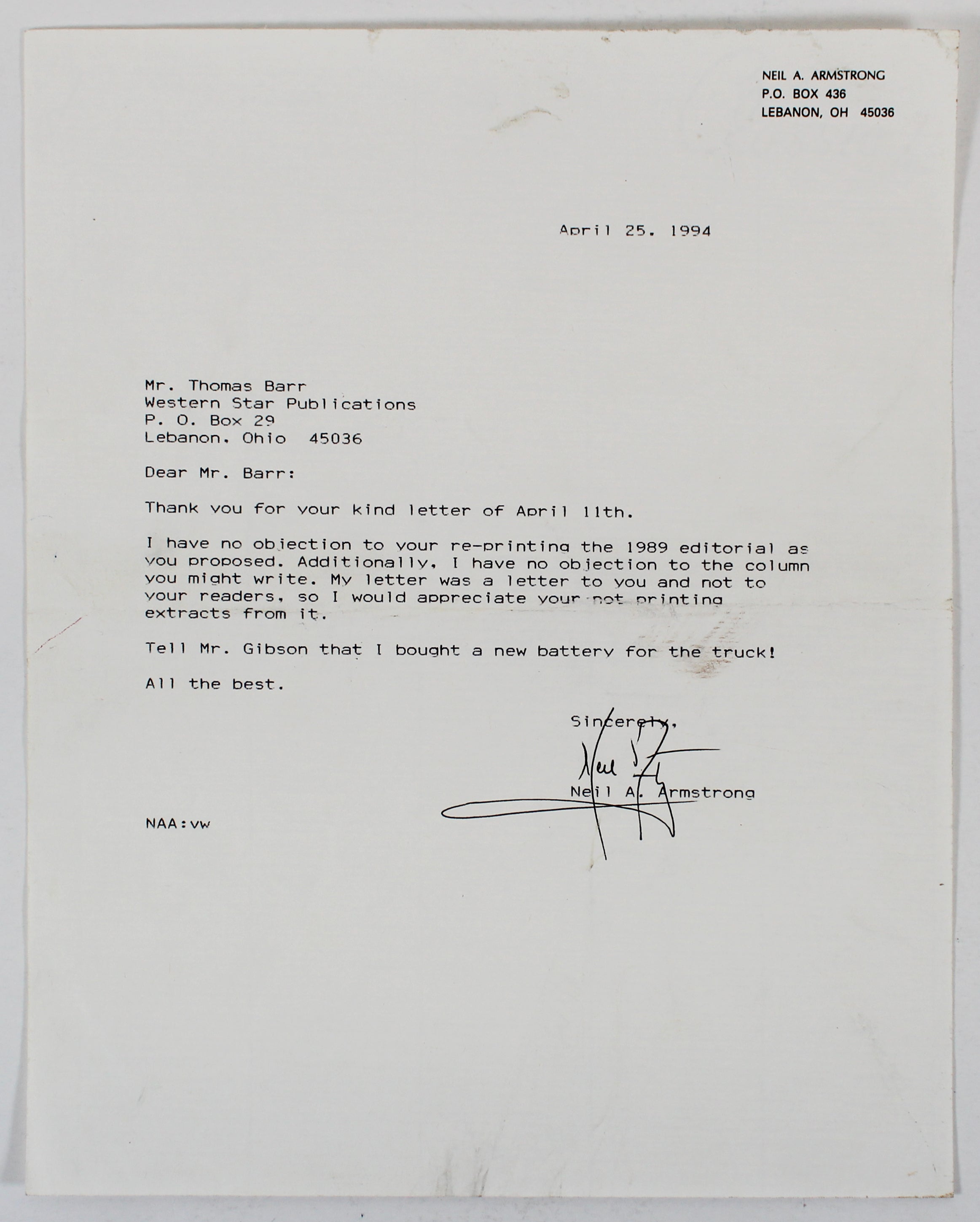 Neil Armstrong Apollo 11 Authentic Signed 8.5x11 1994 Typed Letter BAS #AC33408