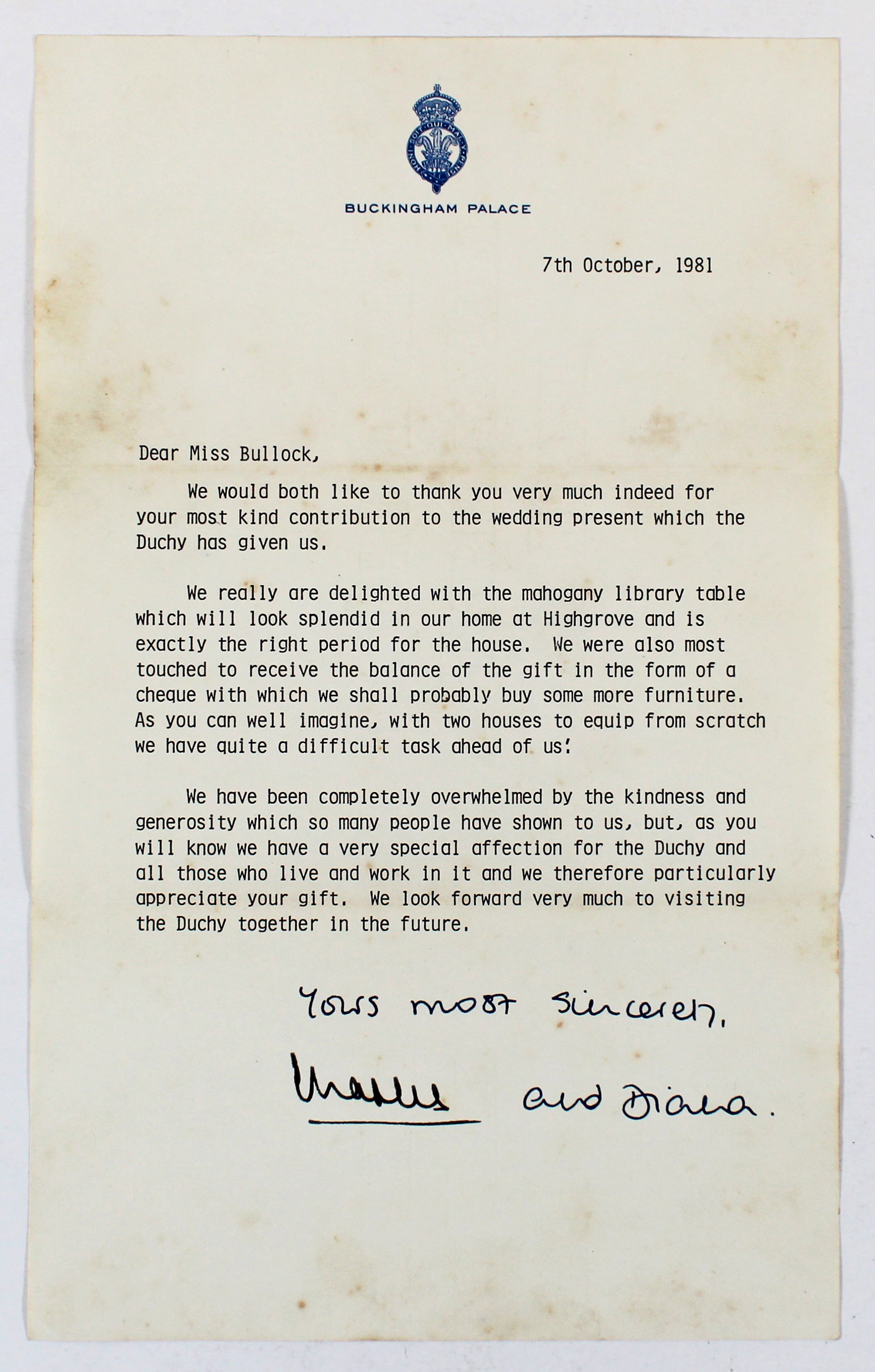 King Charles III & Princess Diana Signed 8x13 1981 Buckingham Palace Letter BAS