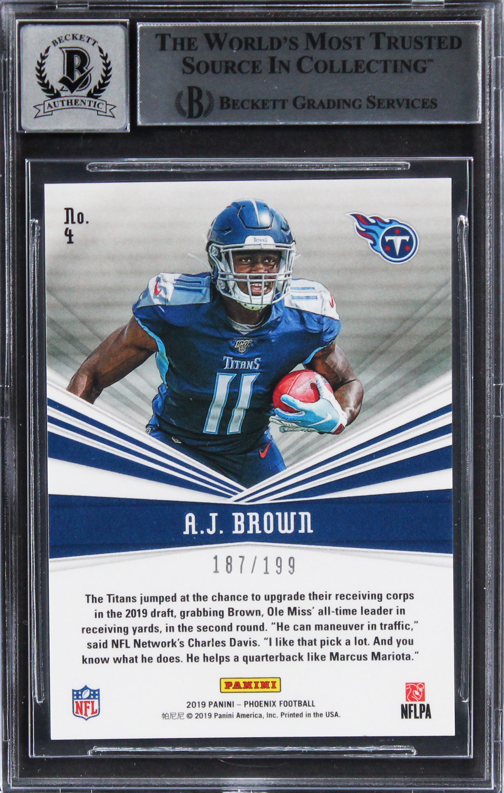 A.J. Brown Signed 2019 Panini Phoenix CFP #4 RC #187/199 Card Auto 10! BAS Slab