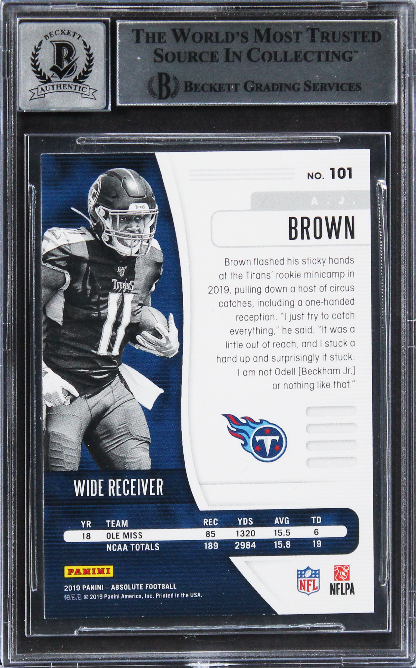 Eagles A.J. Brown Signed 2019 Absolute #101 Rookie Card Auto 10! BAS Slabbed