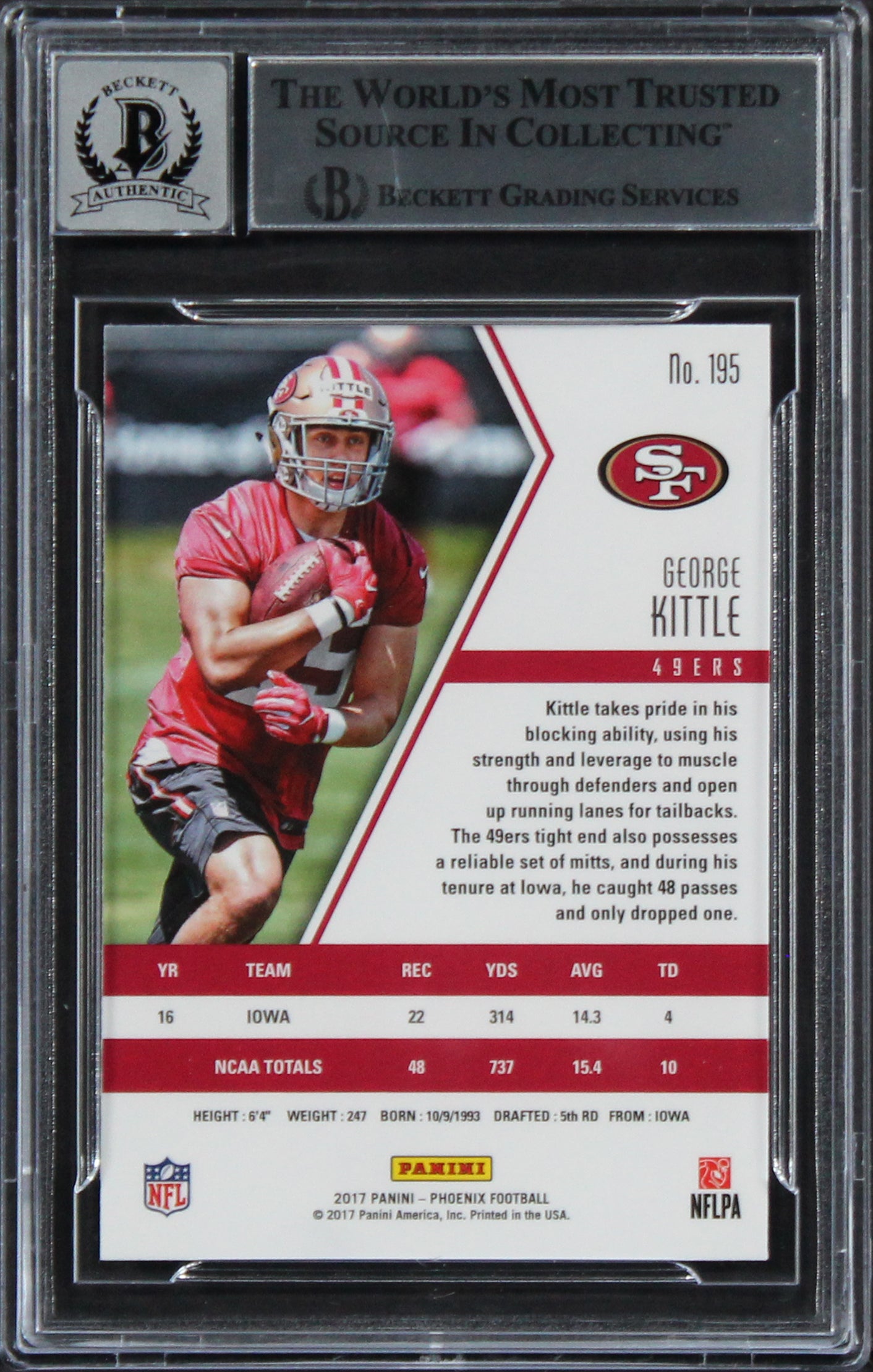 George Kittle Signed 2017 Panini Phoenix Purple #195 RC Card Auto 10 BAS Slab 2